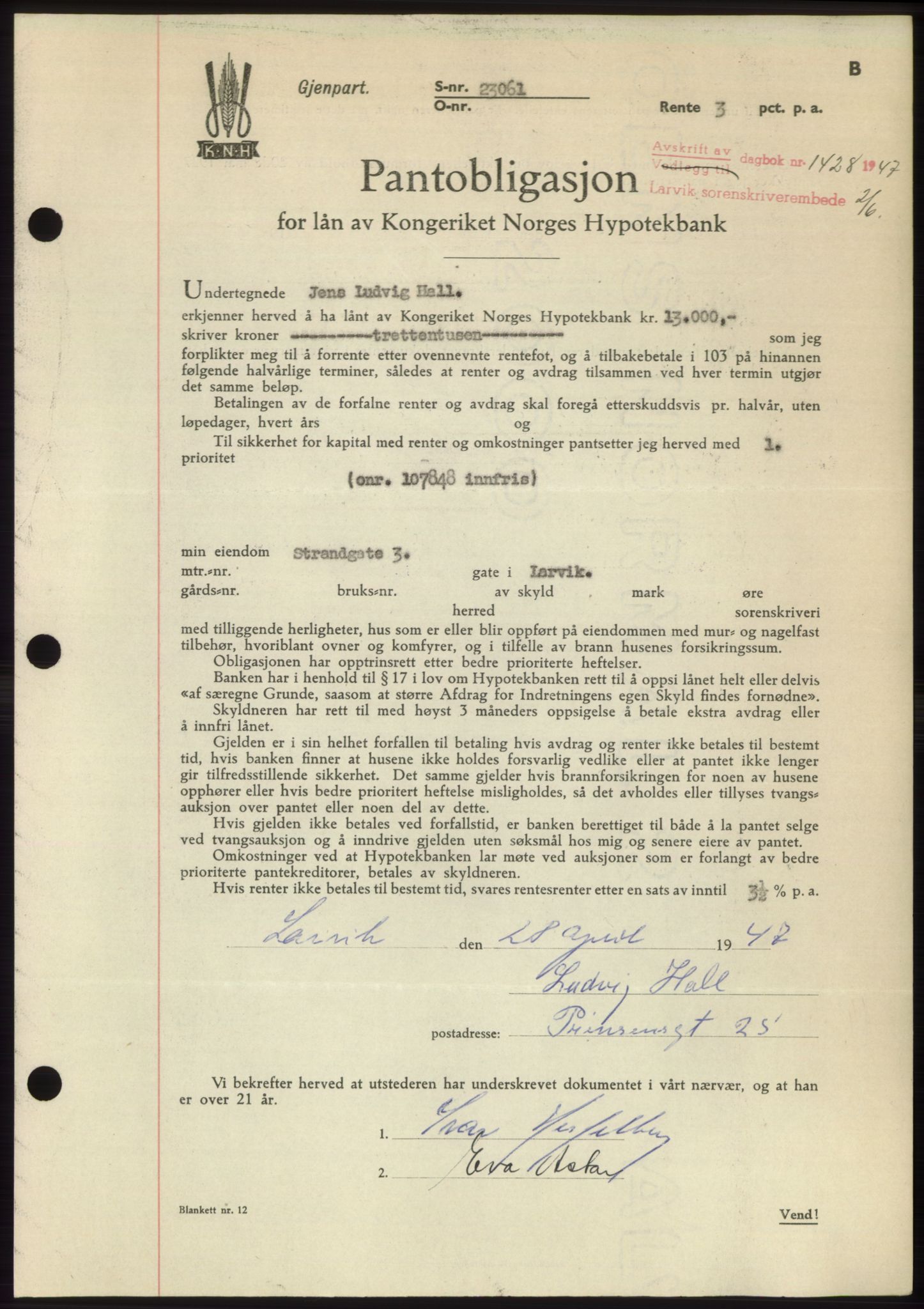 Larvik sorenskriveri, AV/SAKO-A-83/G/Ga/Gac/L0012: Mortgage book no. B-12, 1947-1947, Diary no: : 1428/1947