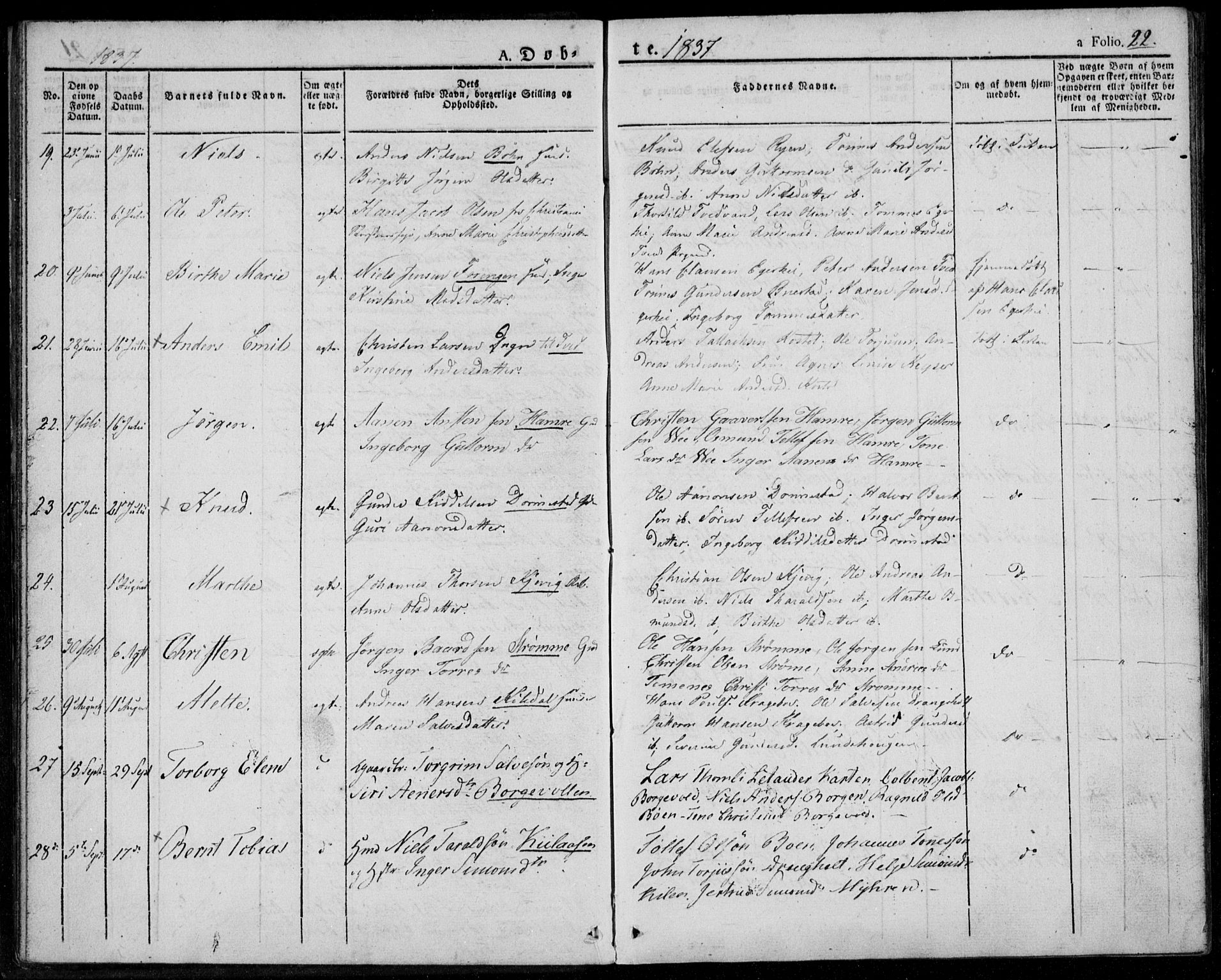 Tveit sokneprestkontor, AV/SAK-1111-0043/F/Fa/L0003: Parish register (official) no. A 3, 1829-1852, p. 22