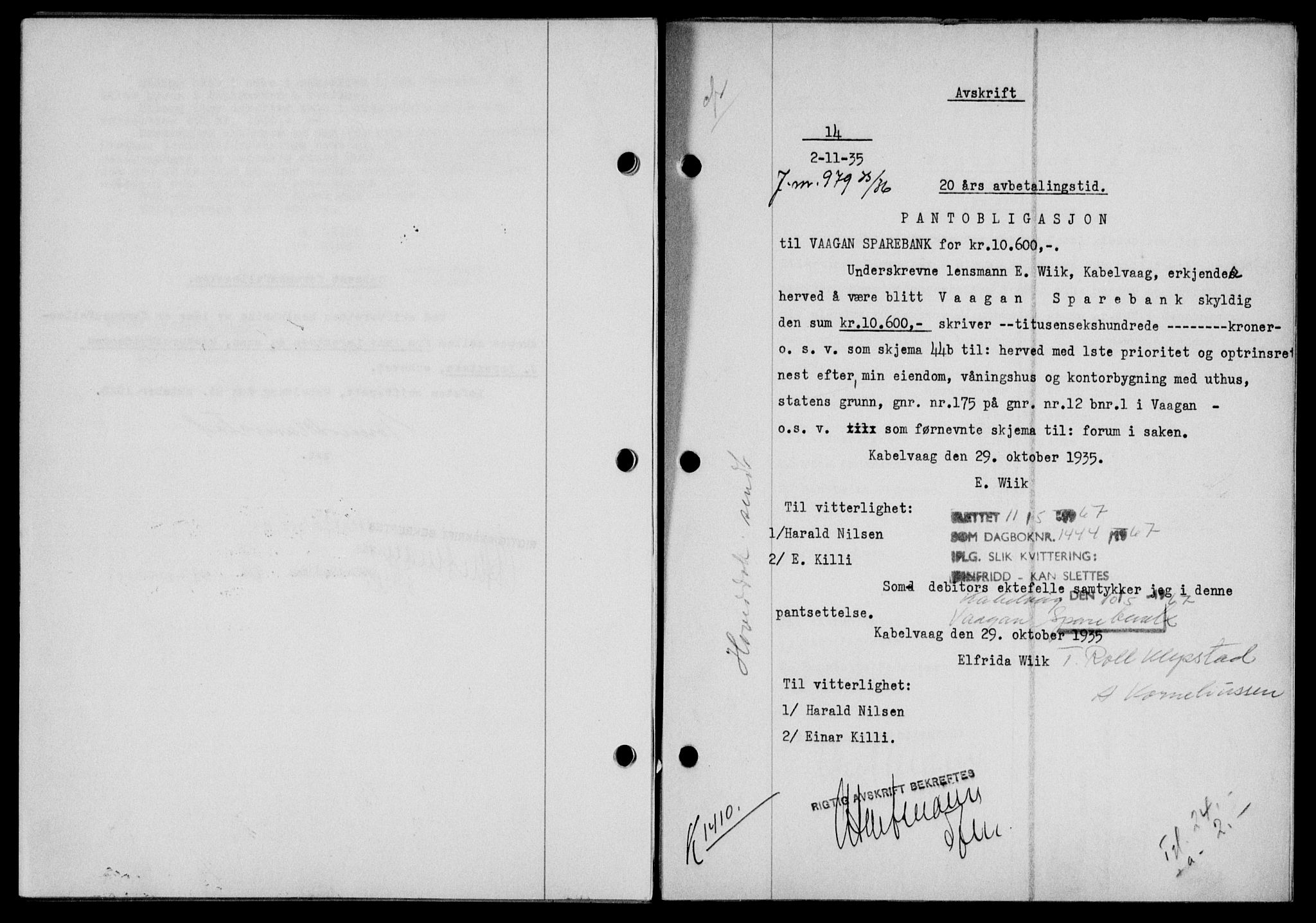 Lofoten sorenskriveri, SAT/A-0017/1/2/2C/L0032b: Mortgage book no. 32b, 1935-1935, Deed date: 02.11.1935