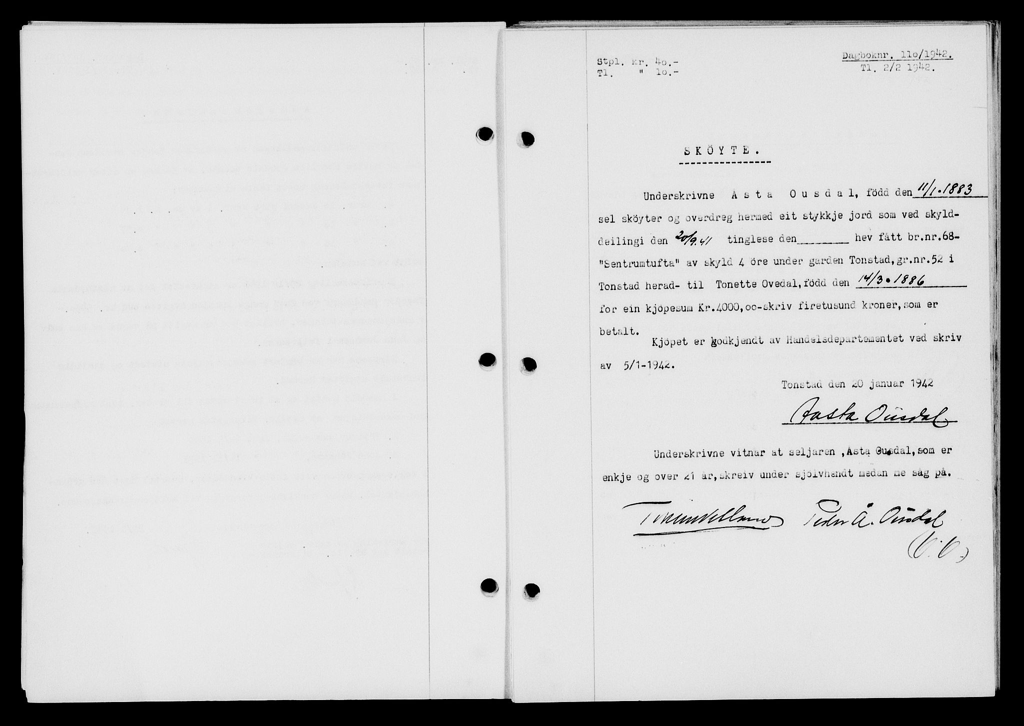 Flekkefjord sorenskriveri, SAK/1221-0001/G/Gb/Gba/L0057: Mortgage book no. A-5, 1941-1942, Diary no: : 110/1942