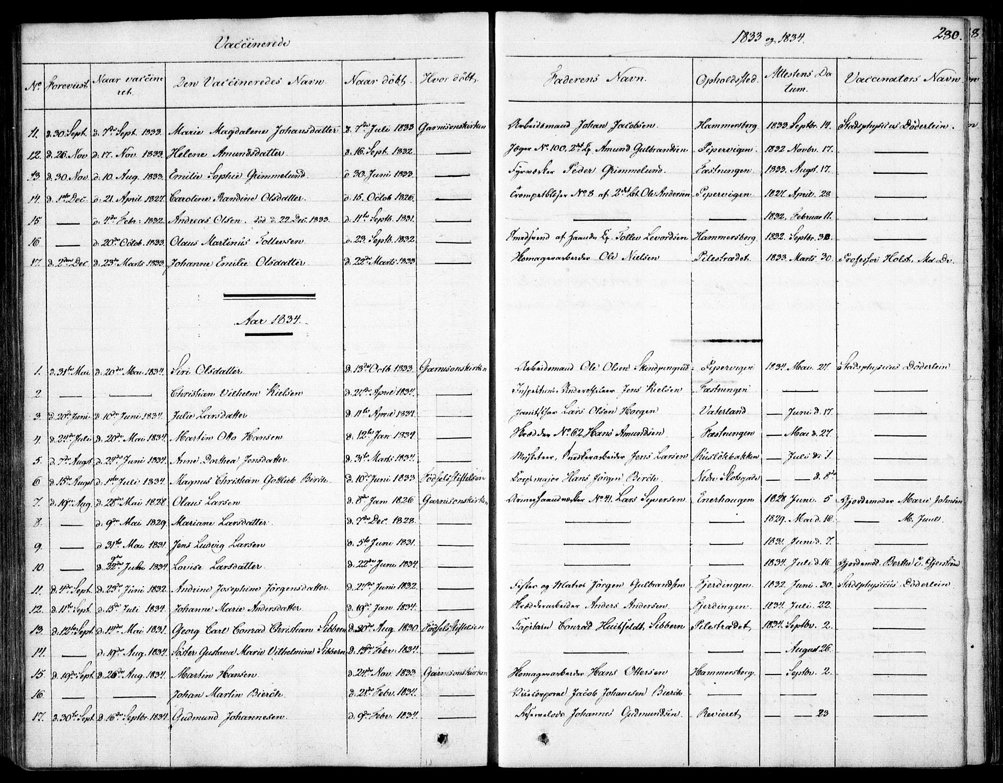 Garnisonsmenigheten Kirkebøker, AV/SAO-A-10846/F/Fa/L0007: Parish register (official) no. 7, 1828-1881, p. 280