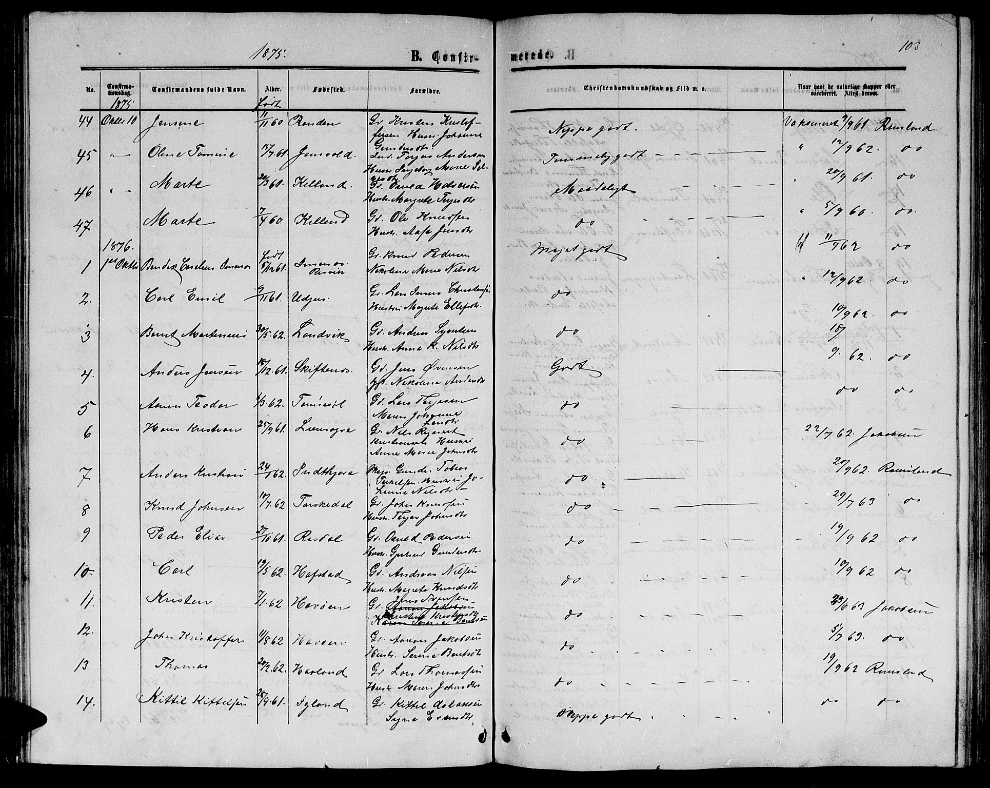 Hommedal sokneprestkontor, SAK/1111-0023/F/Fb/Fbb/L0006: Parish register (copy) no. B 6, 1869-1884, p. 103