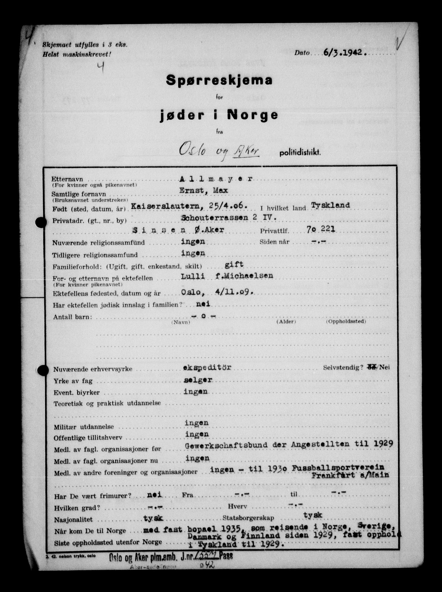 Statspolitiet - Hovedkontoret / Osloavdelingen, AV/RA-S-1329/G/Ga/L0011: Spørreskjema for jøder i Norge. 1: Oslo 610-806 (Plavnik-Zwillinger). 2: Aker 1-113 (Adler-Lewin). , 1942, p. 597