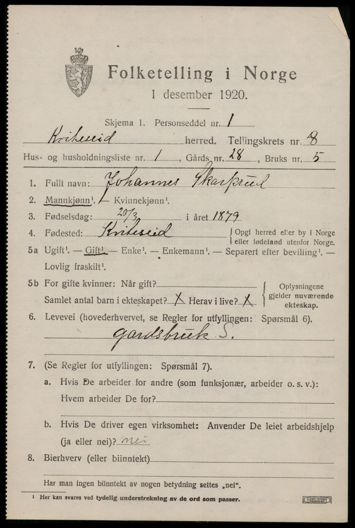 SAKO, 1920 census for Kviteseid, 1920, p. 3739