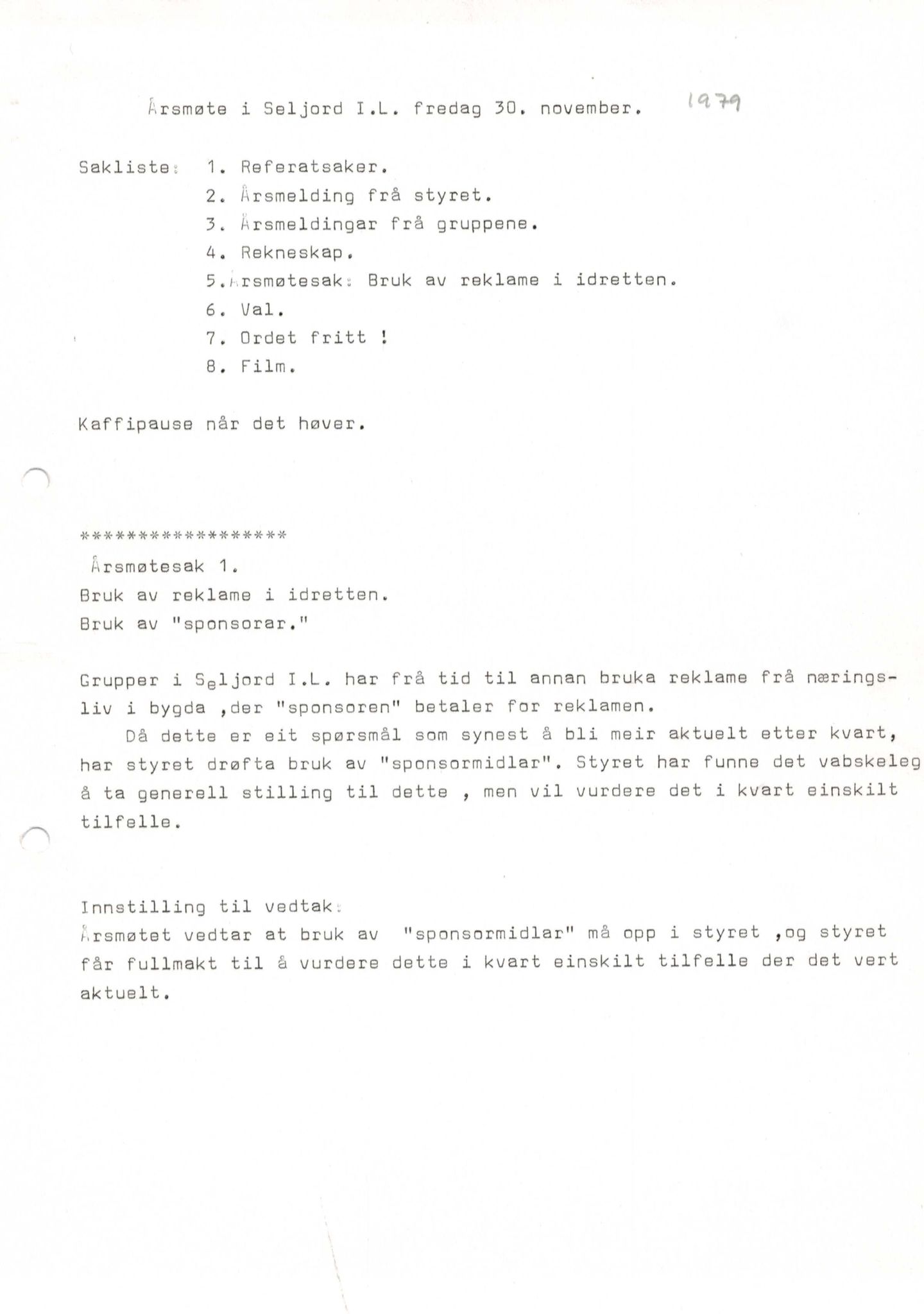 Seljord Idrettslag, VTM/A-1034/A/Ab/L0001: Årsmeldingar, 1979