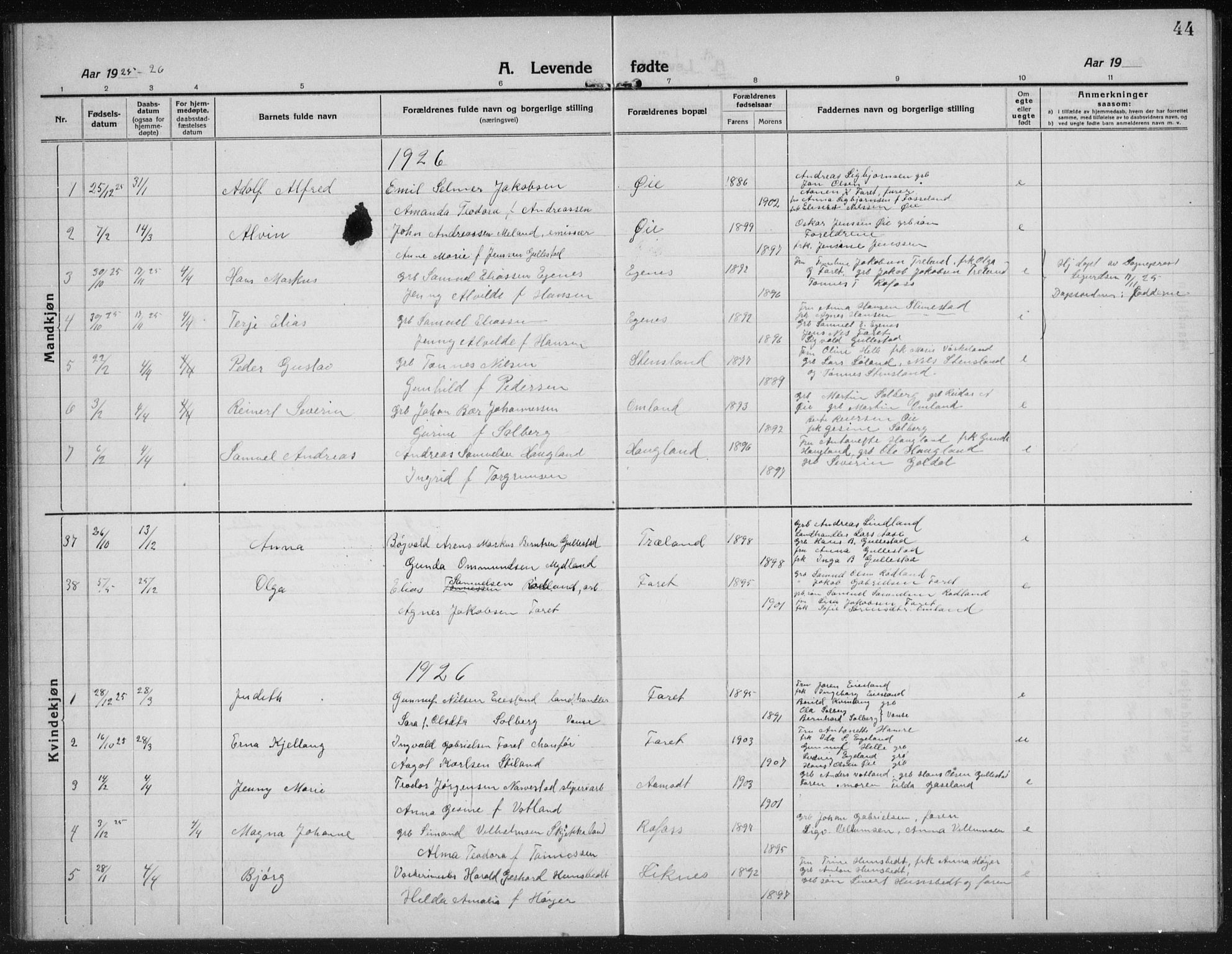 Kvinesdal sokneprestkontor, SAK/1111-0026/F/Fb/Fbb/L0004: Parish register (copy) no. B 4, 1917-1938, p. 44