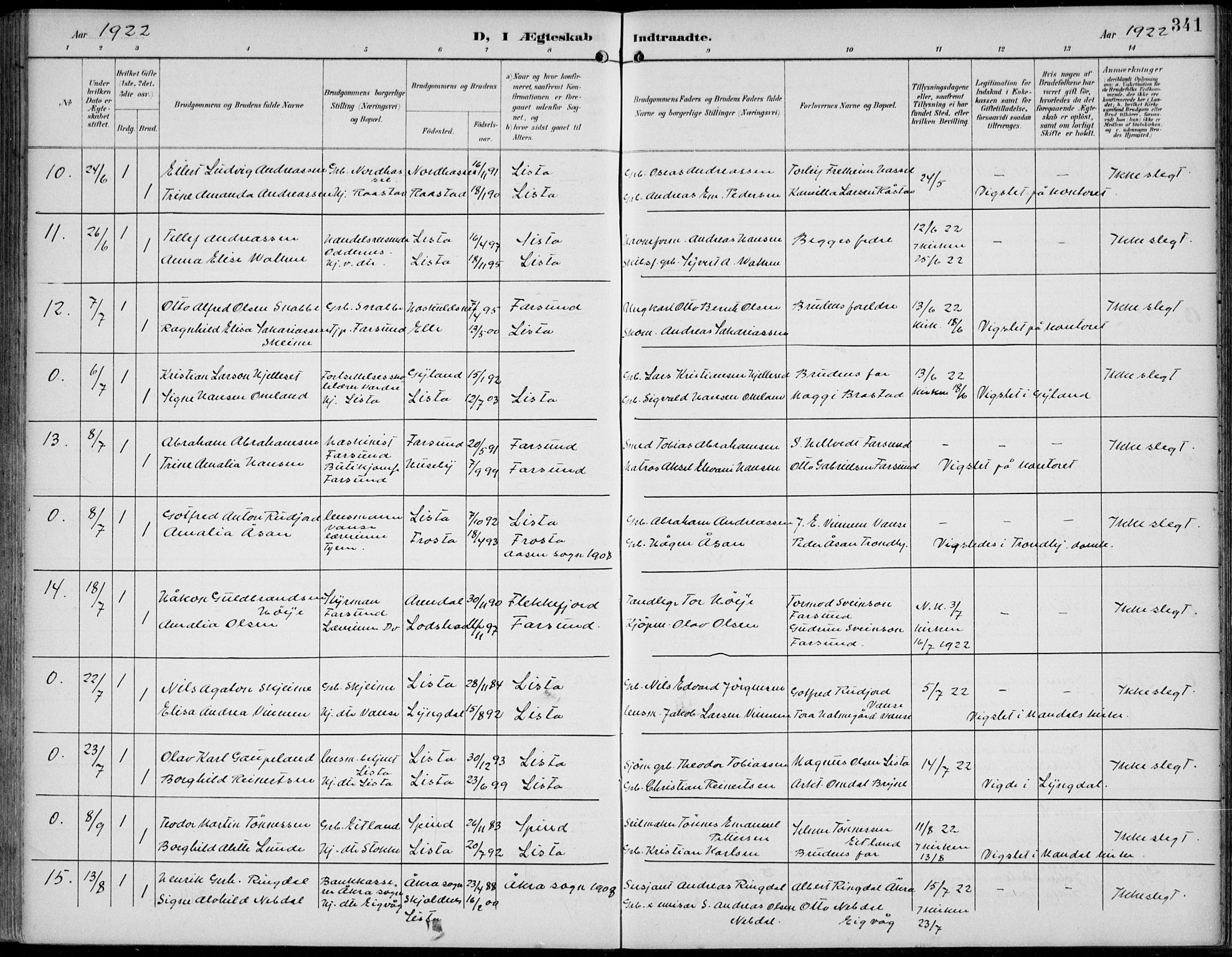 Lista sokneprestkontor, AV/SAK-1111-0027/F/Fb/L0005: Parish register (copy) no. B 5, 1892-1923, p. 341