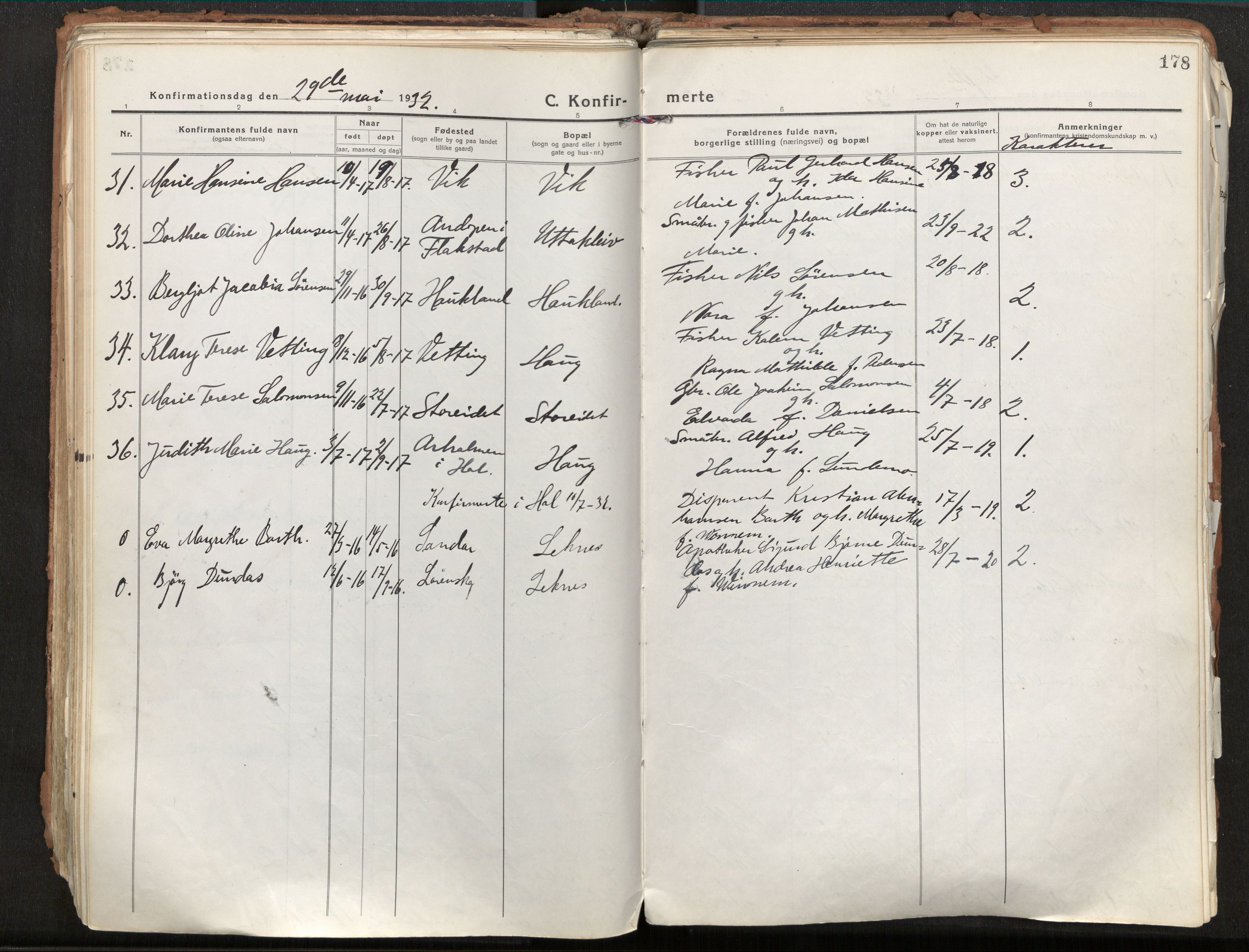 Ministerialprotokoller, klokkerbøker og fødselsregistre - Nordland, AV/SAT-A-1459/881/L1160: Parish register (official) no. 881A13, 1919-1937, p. 178