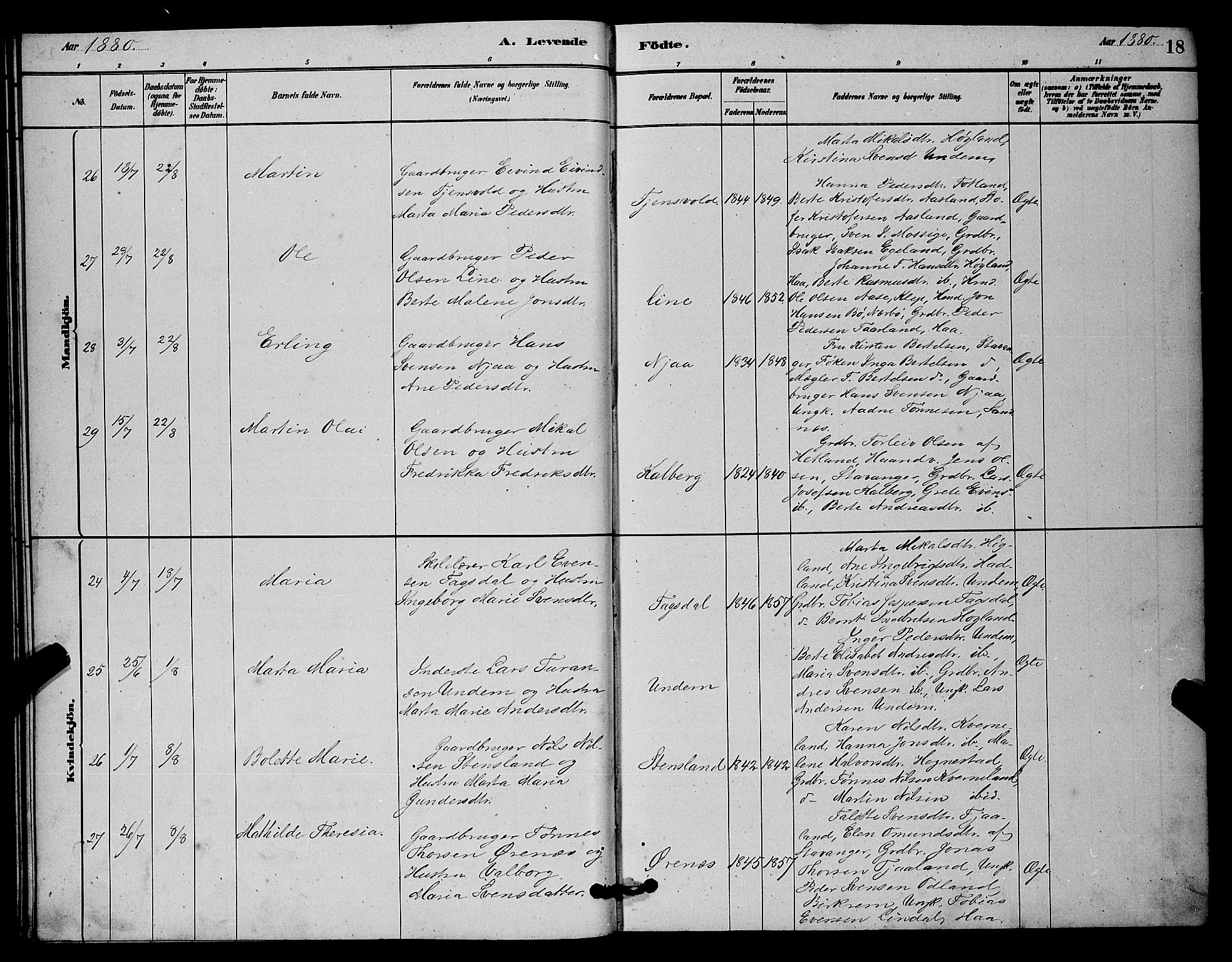 Lye sokneprestkontor, AV/SAST-A-101794/001/30BB/L0006: Parish register (copy) no. B 6, 1879-1888, p. 18