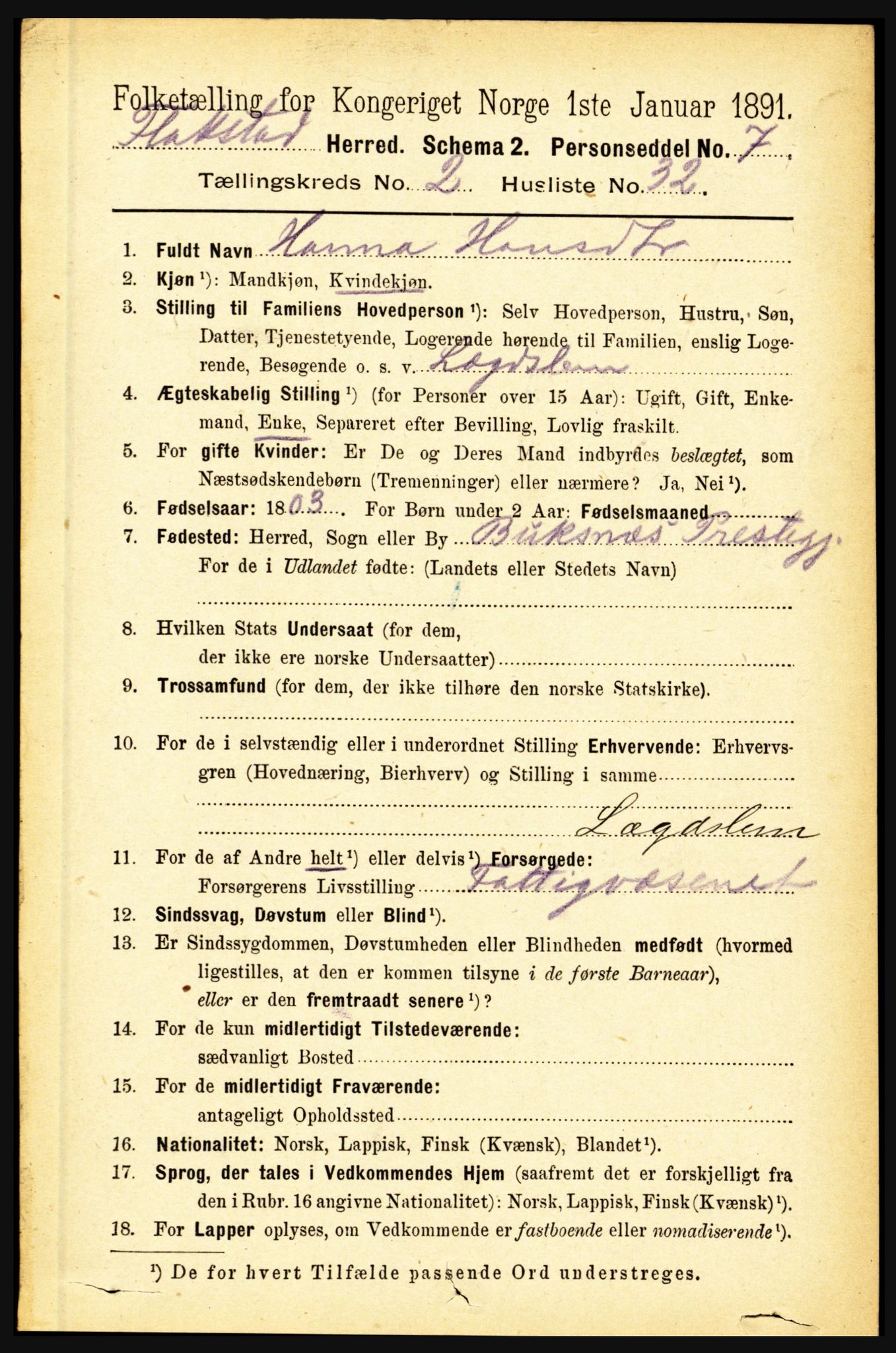 RA, 1891 census for 1859 Flakstad, 1891, p. 877