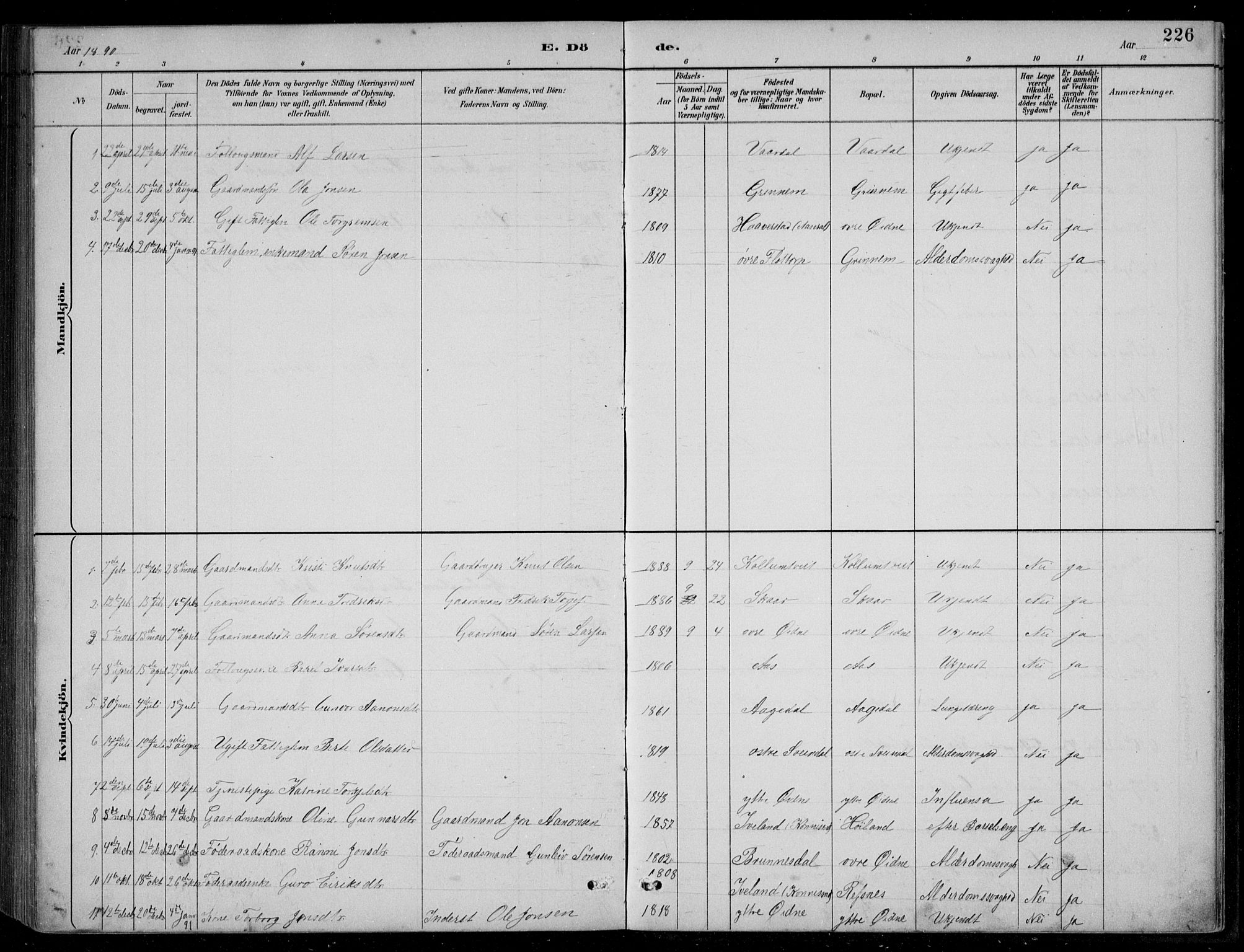 Bjelland sokneprestkontor, SAK/1111-0005/F/Fb/Fbc/L0003: Parish register (copy) no. B 3, 1887-1924, p. 226