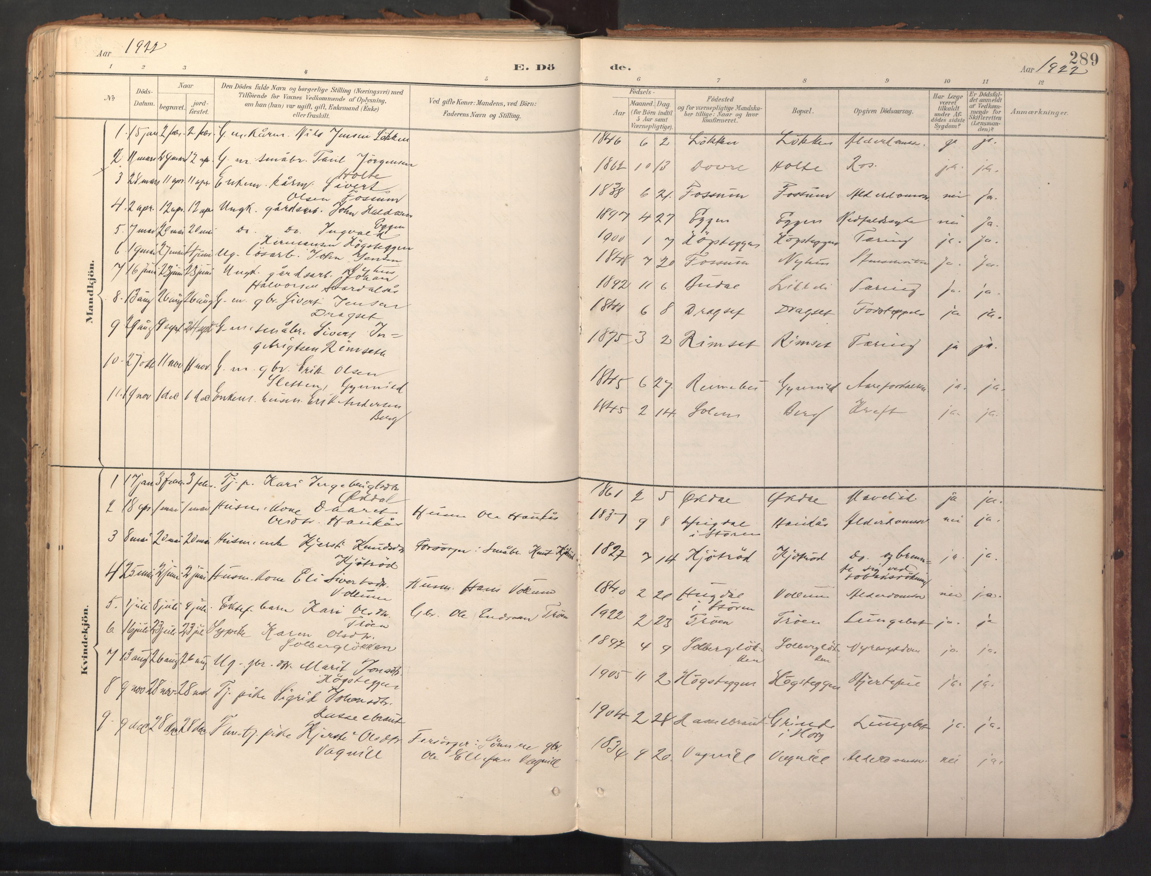 Ministerialprotokoller, klokkerbøker og fødselsregistre - Sør-Trøndelag, SAT/A-1456/689/L1041: Parish register (official) no. 689A06, 1891-1923, p. 289
