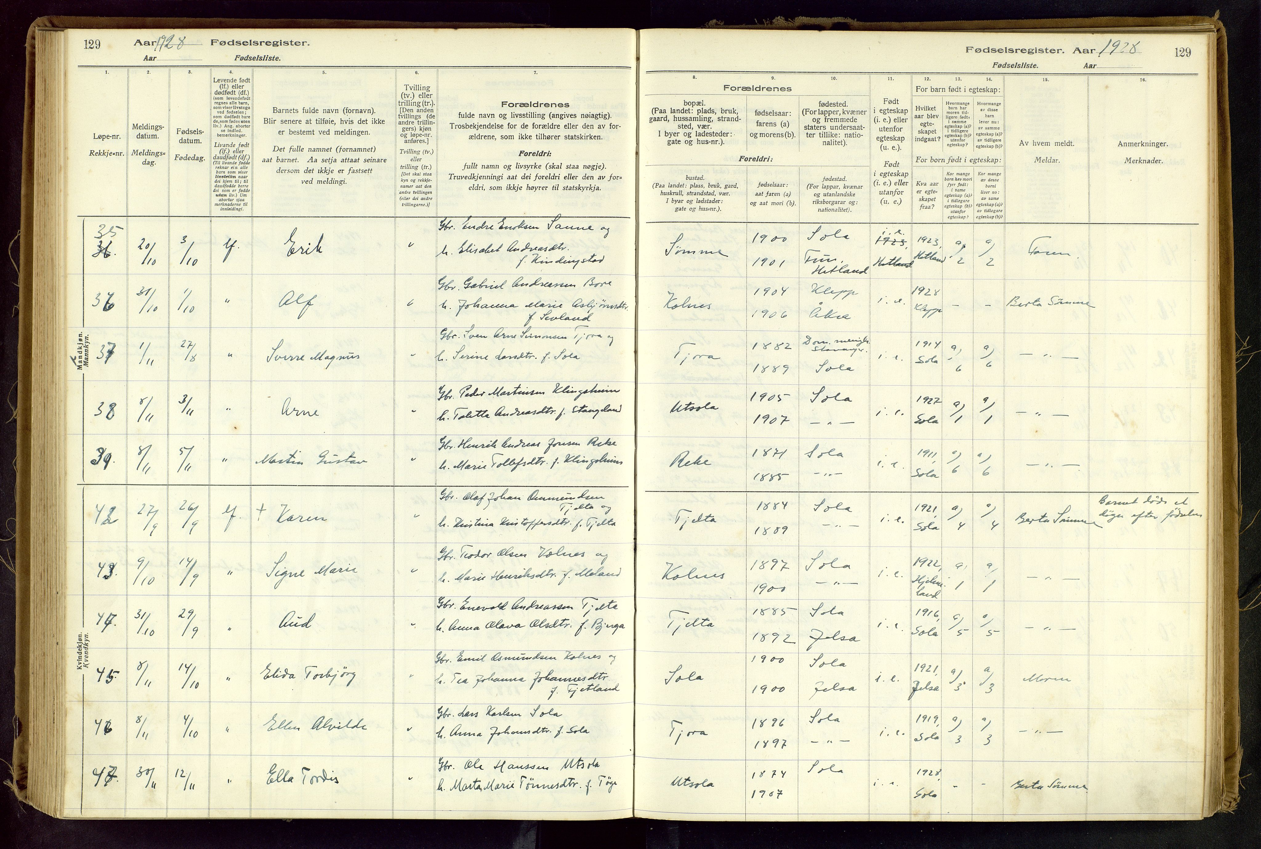 Håland sokneprestkontor, AV/SAST-A-101802/001/704BA/L0001: Birth register no. 1, 1916-1936, p. 129