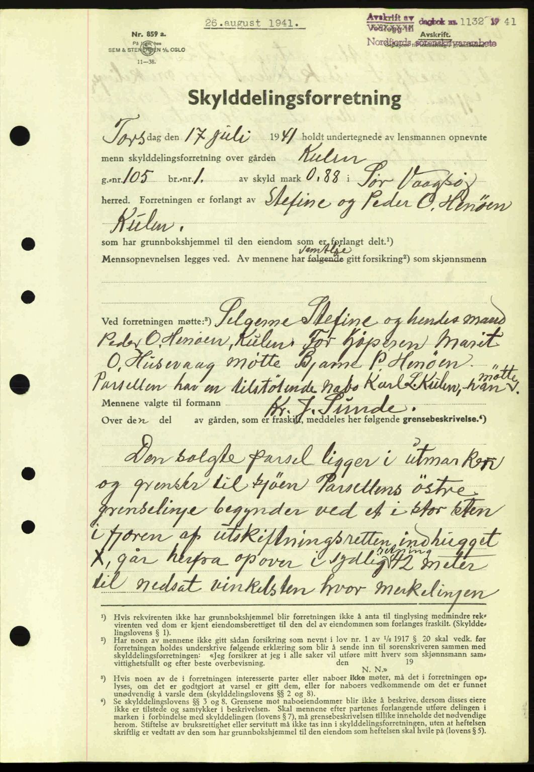 Nordfjord sorenskriveri, AV/SAB-A-2801/02/02b/02bj/L0006: Mortgage book no. A6, 1940-1941, Diary no: : 1132/1941