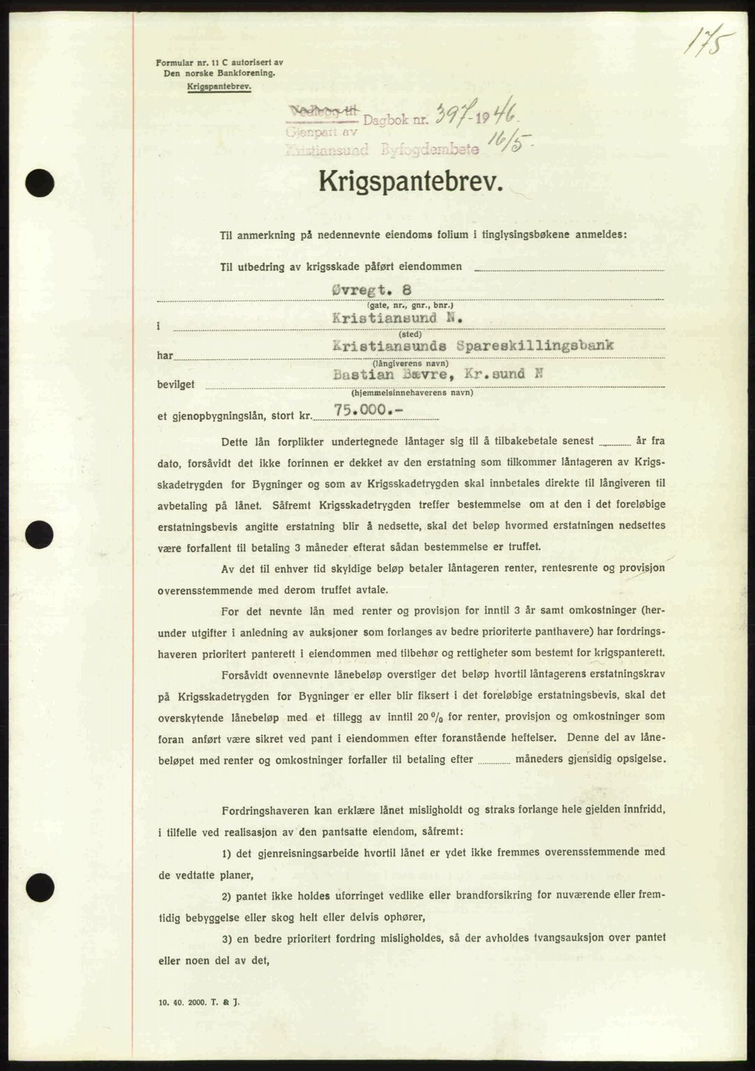 Kristiansund byfogd, AV/SAT-A-4587/A/27: Mortgage book no. 40, 1946-1946, Diary no: : 397/1946