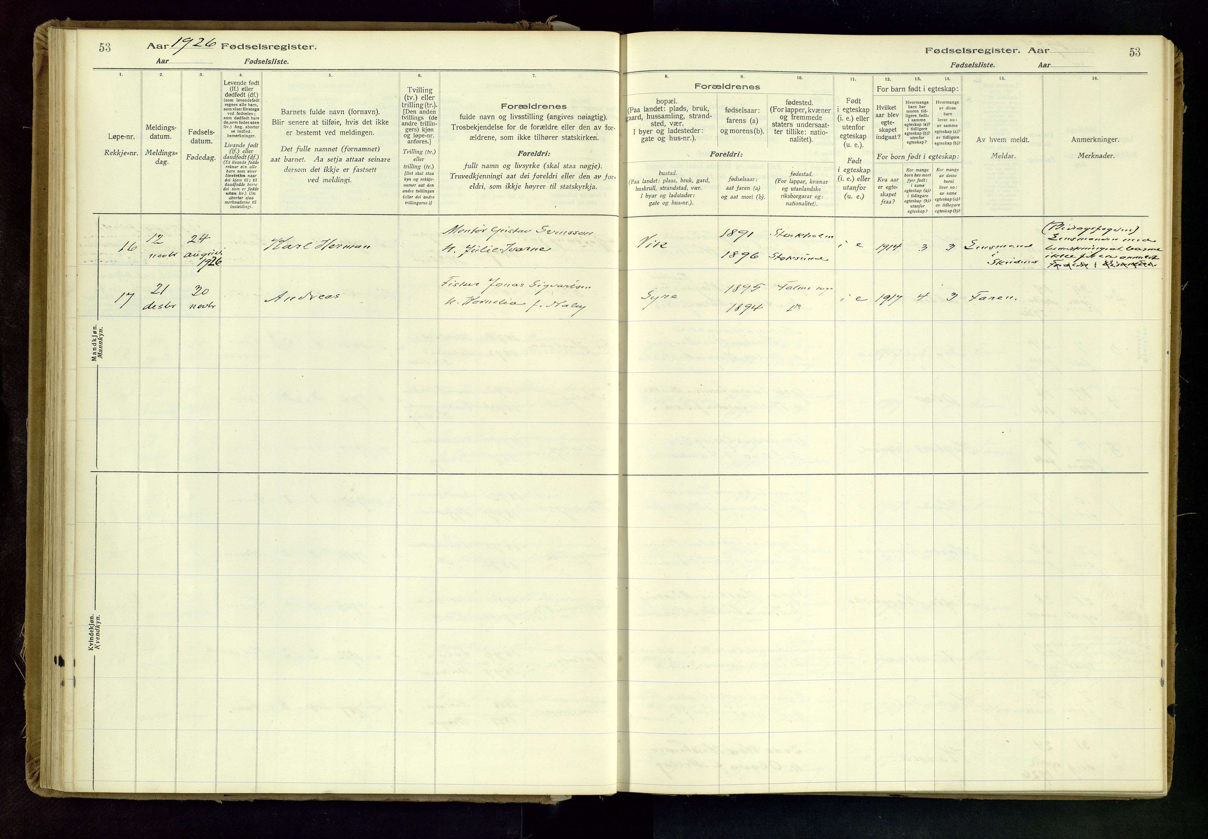 Skudenes sokneprestkontor, AV/SAST-A -101849/I/Id/L0001: Birth register no. 1, 1916-1964, p. 53