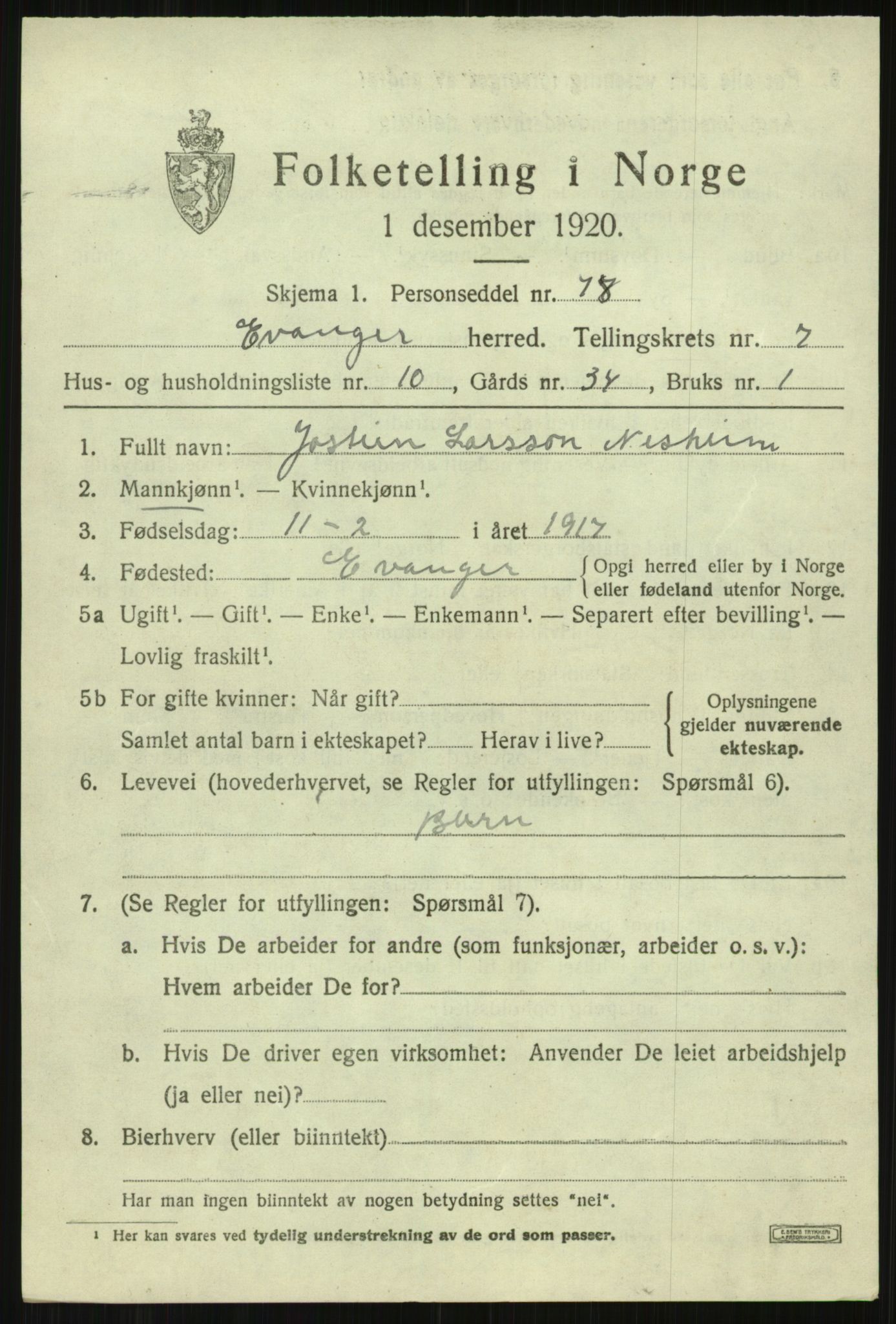 SAB, 1920 census for Evanger, 1920, p. 2473