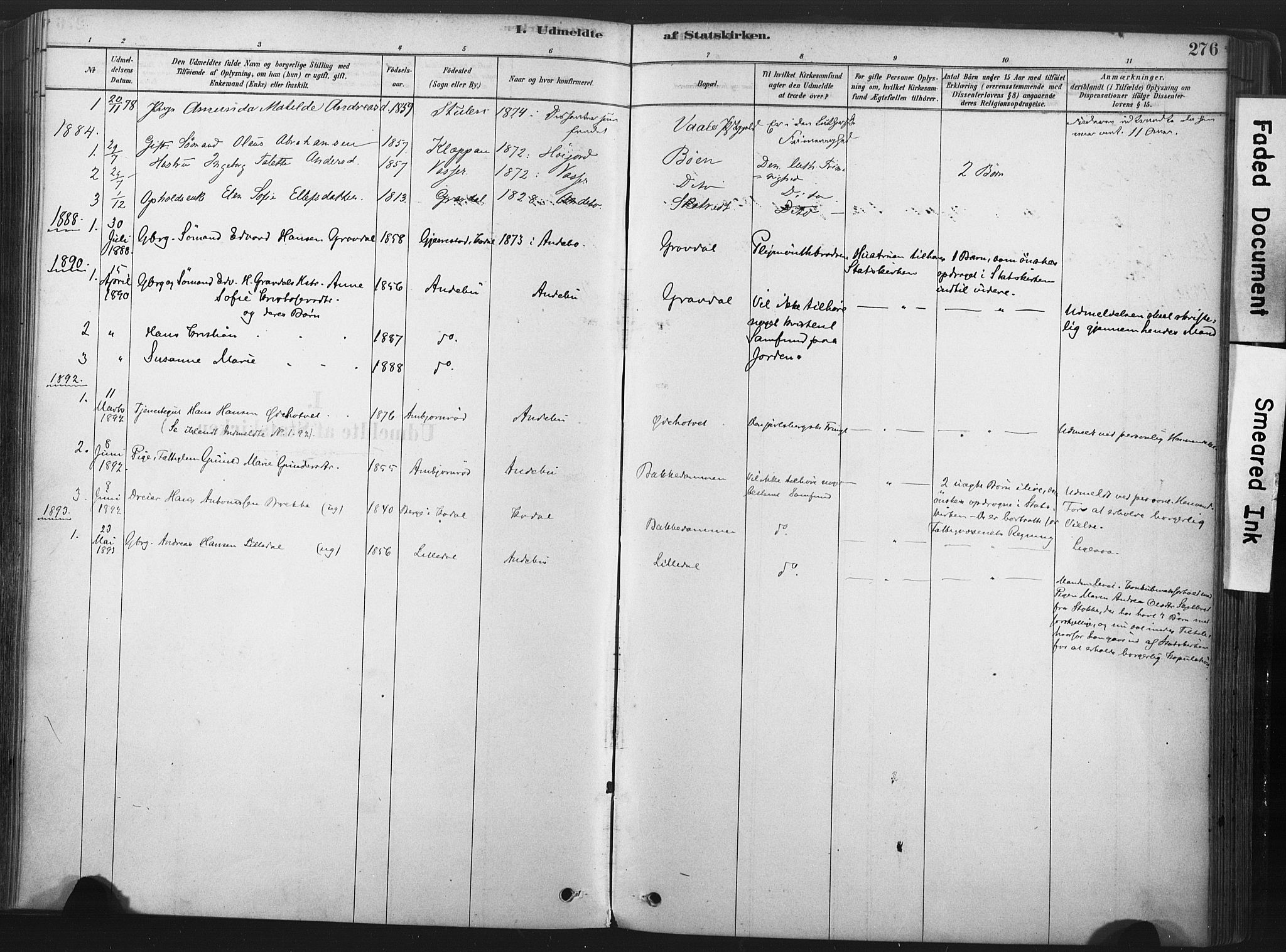 Andebu kirkebøker, SAKO/A-336/F/Fa/L0007: Parish register (official) no. 7, 1878-1899, p. 276