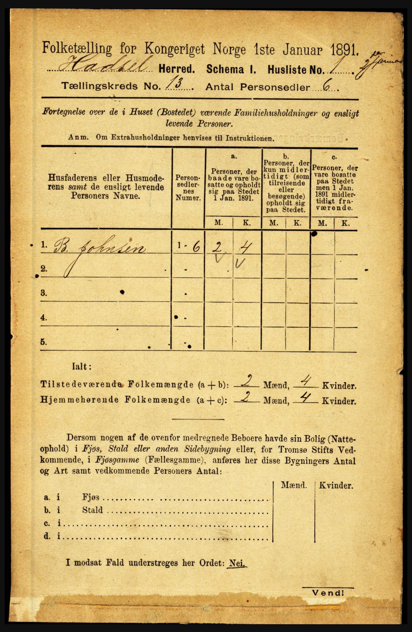 RA, 1891 census for 1866 Hadsel, 1891, p. 5766