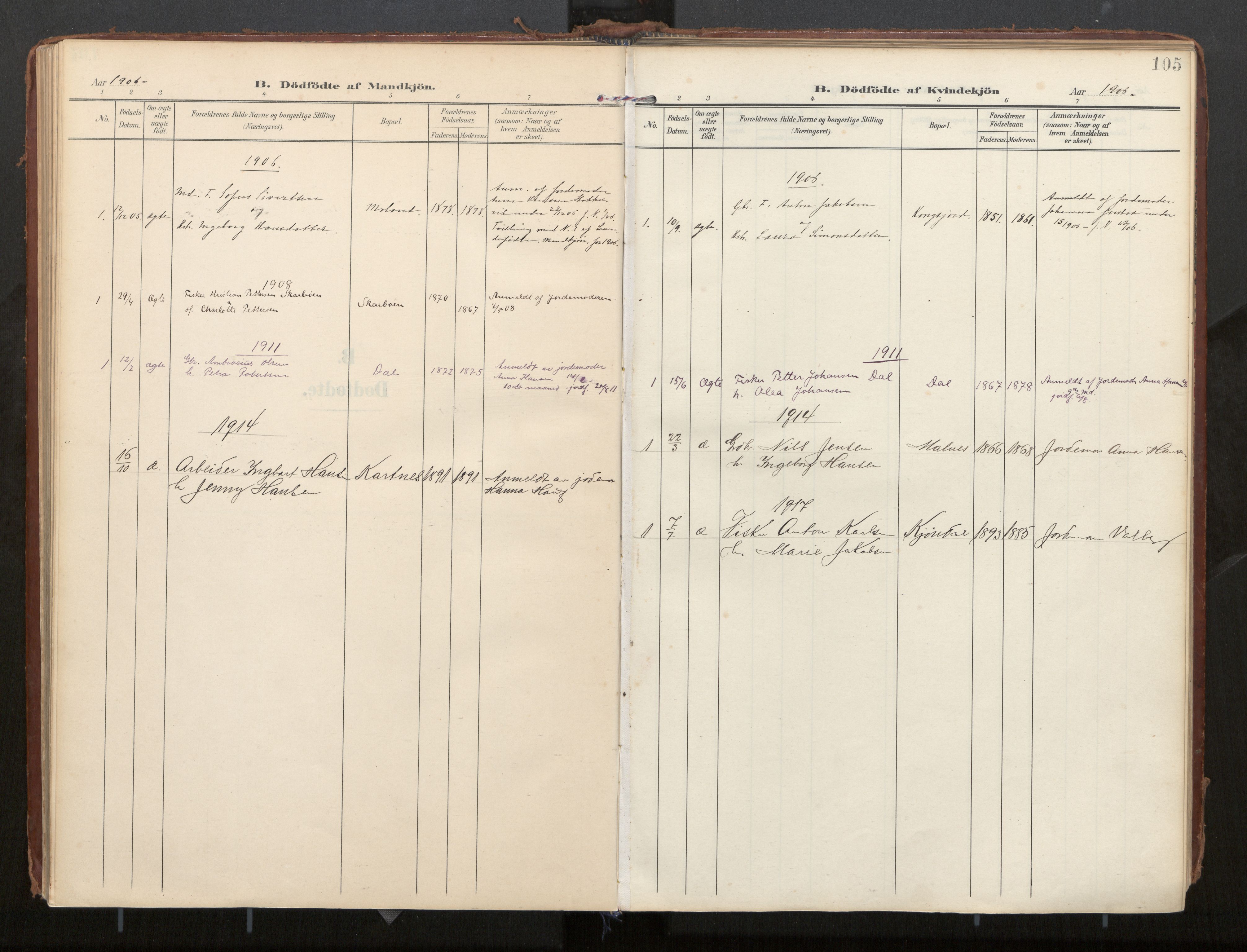 Ministerialprotokoller, klokkerbøker og fødselsregistre - Nordland, AV/SAT-A-1459/884/L1194: Parish register (official) no. 884A02, 1906-1937, p. 105