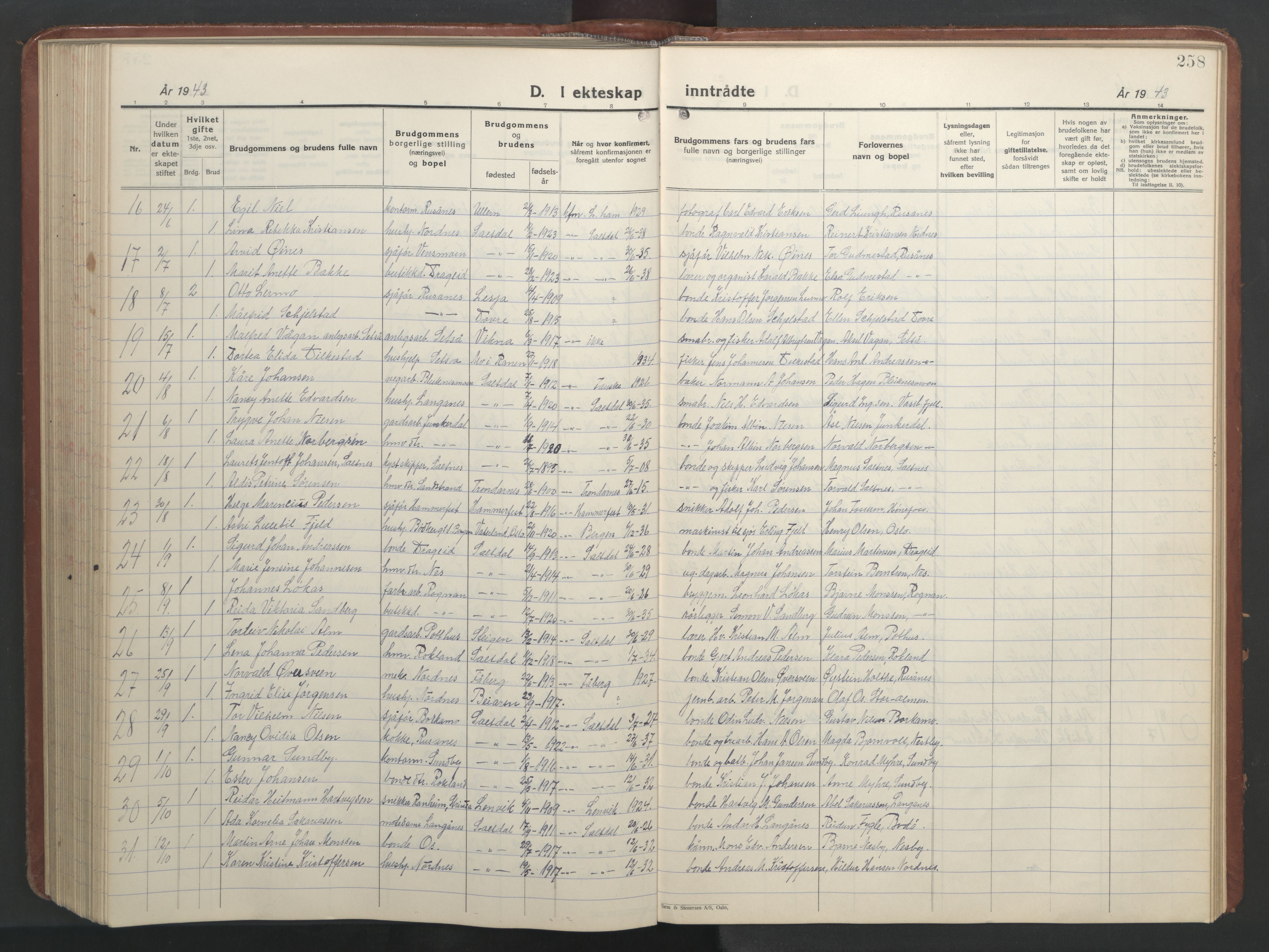 Ministerialprotokoller, klokkerbøker og fødselsregistre - Nordland, AV/SAT-A-1459/847/L0680: Parish register (copy) no. 847C08, 1930-1947, p. 258