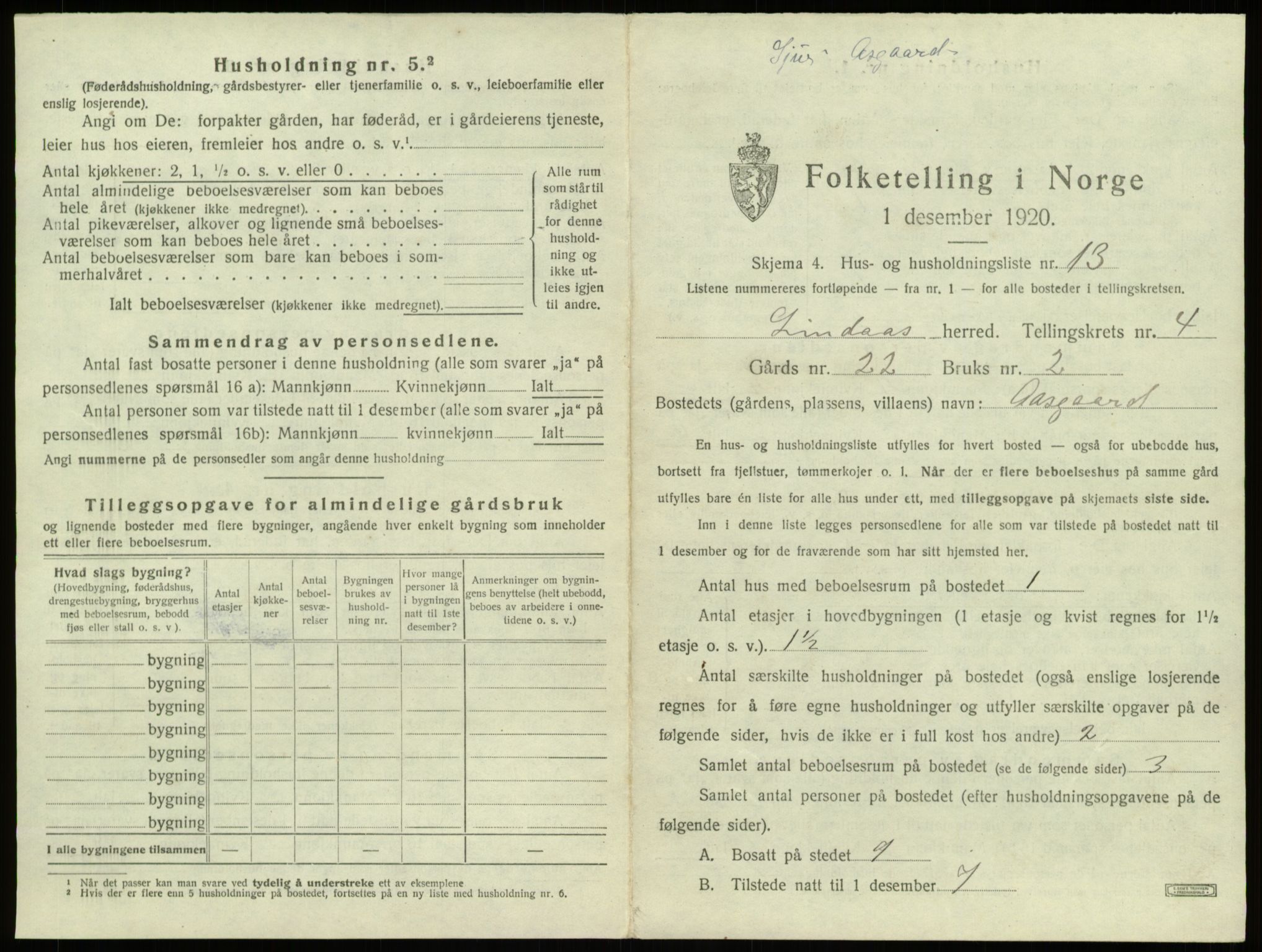 SAB, 1920 census for Lindås, 1920, p. 280