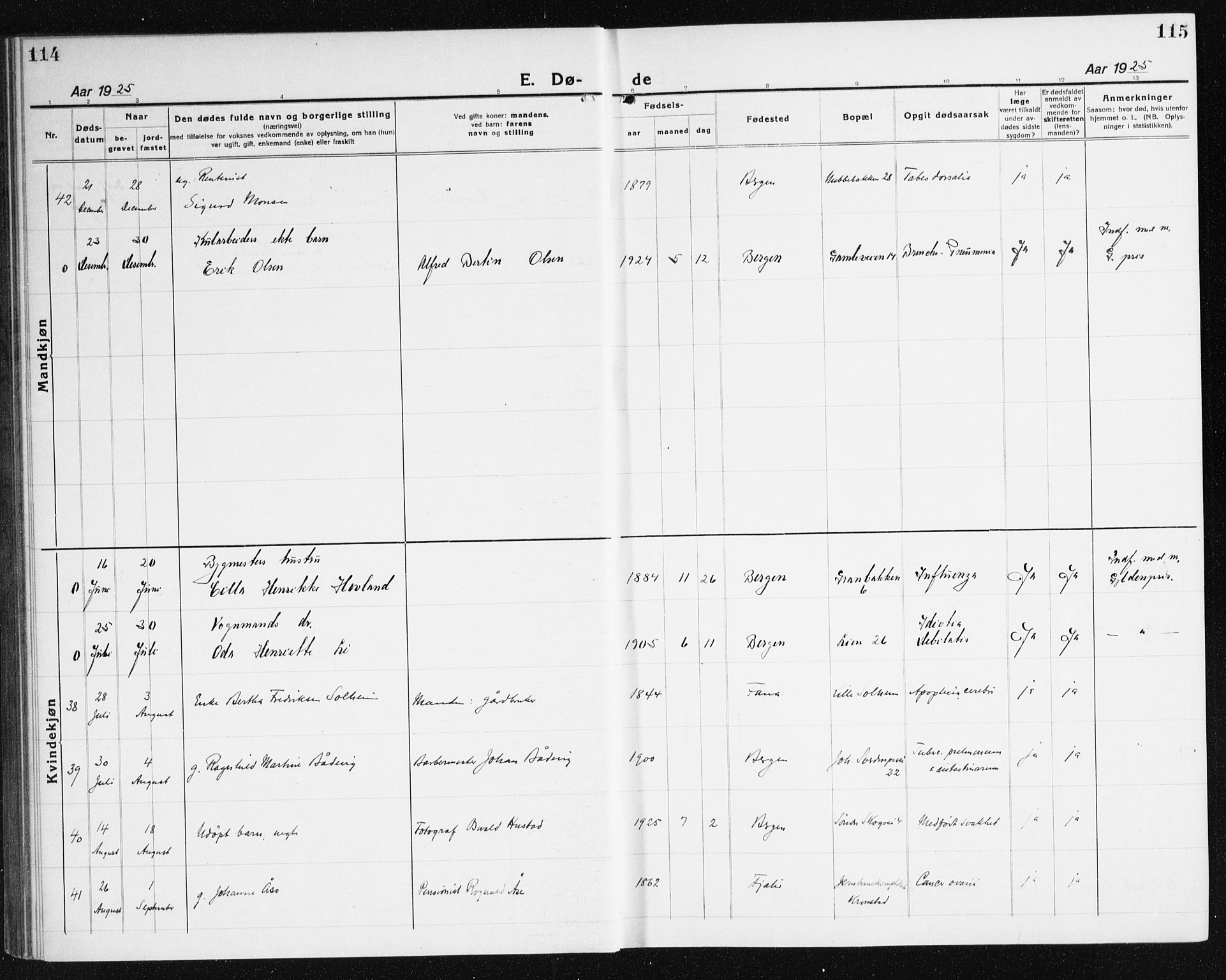 Årstad Sokneprestembete, AV/SAB-A-79301/H/Haa/L0010: Parish register (official) no. E 1, 1921-1940, p. 114-115