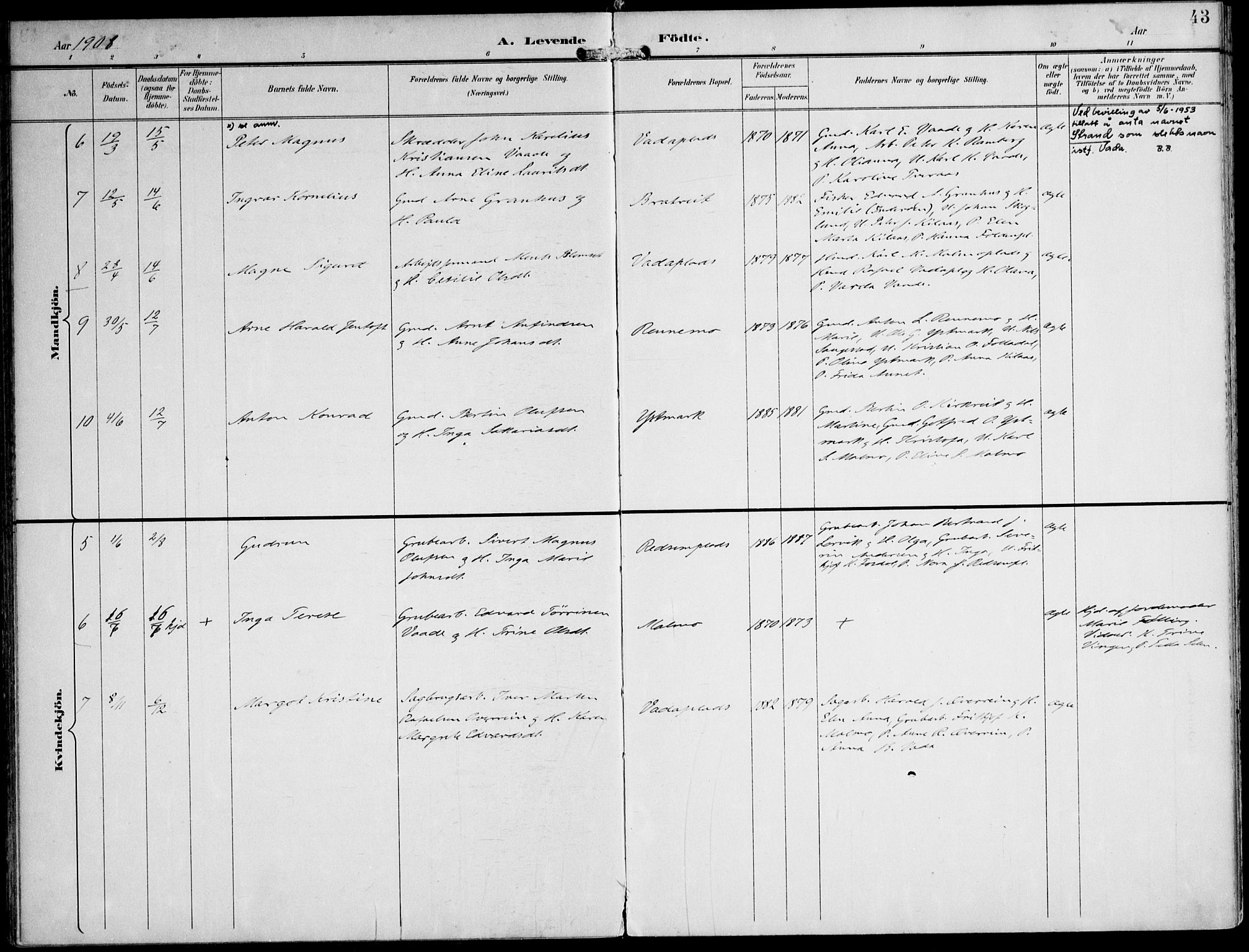 Ministerialprotokoller, klokkerbøker og fødselsregistre - Nord-Trøndelag, SAT/A-1458/745/L0430: Parish register (official) no. 745A02, 1895-1913, p. 43