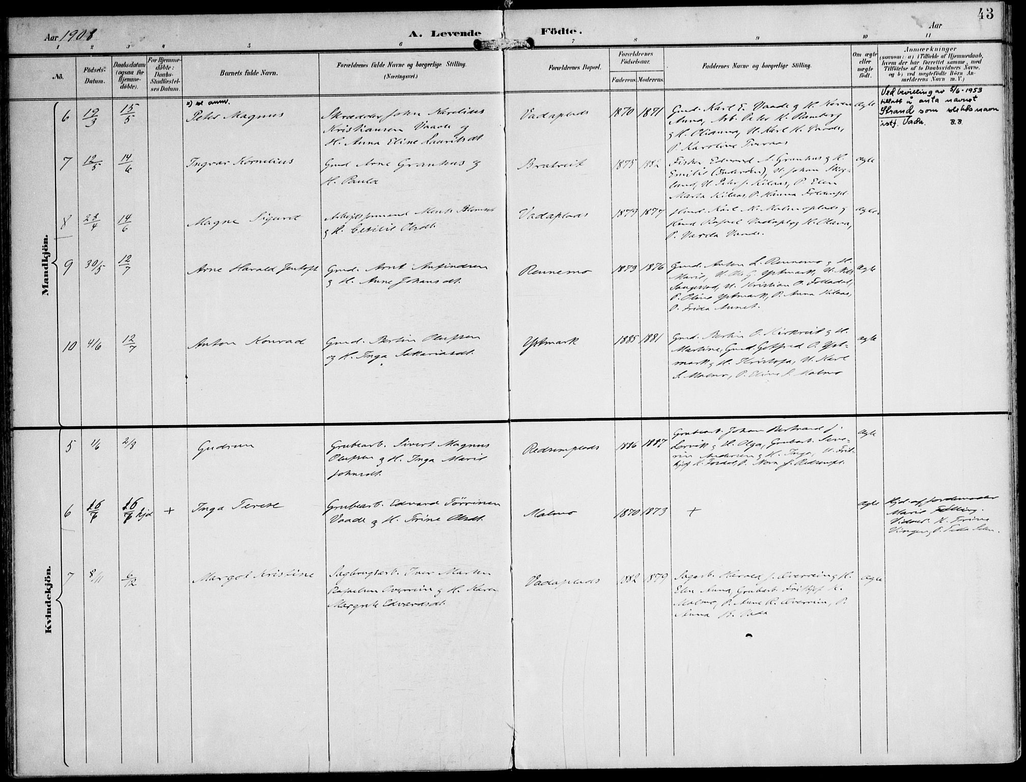 Ministerialprotokoller, klokkerbøker og fødselsregistre - Nord-Trøndelag, AV/SAT-A-1458/745/L0430: Parish register (official) no. 745A02, 1895-1913, p. 43