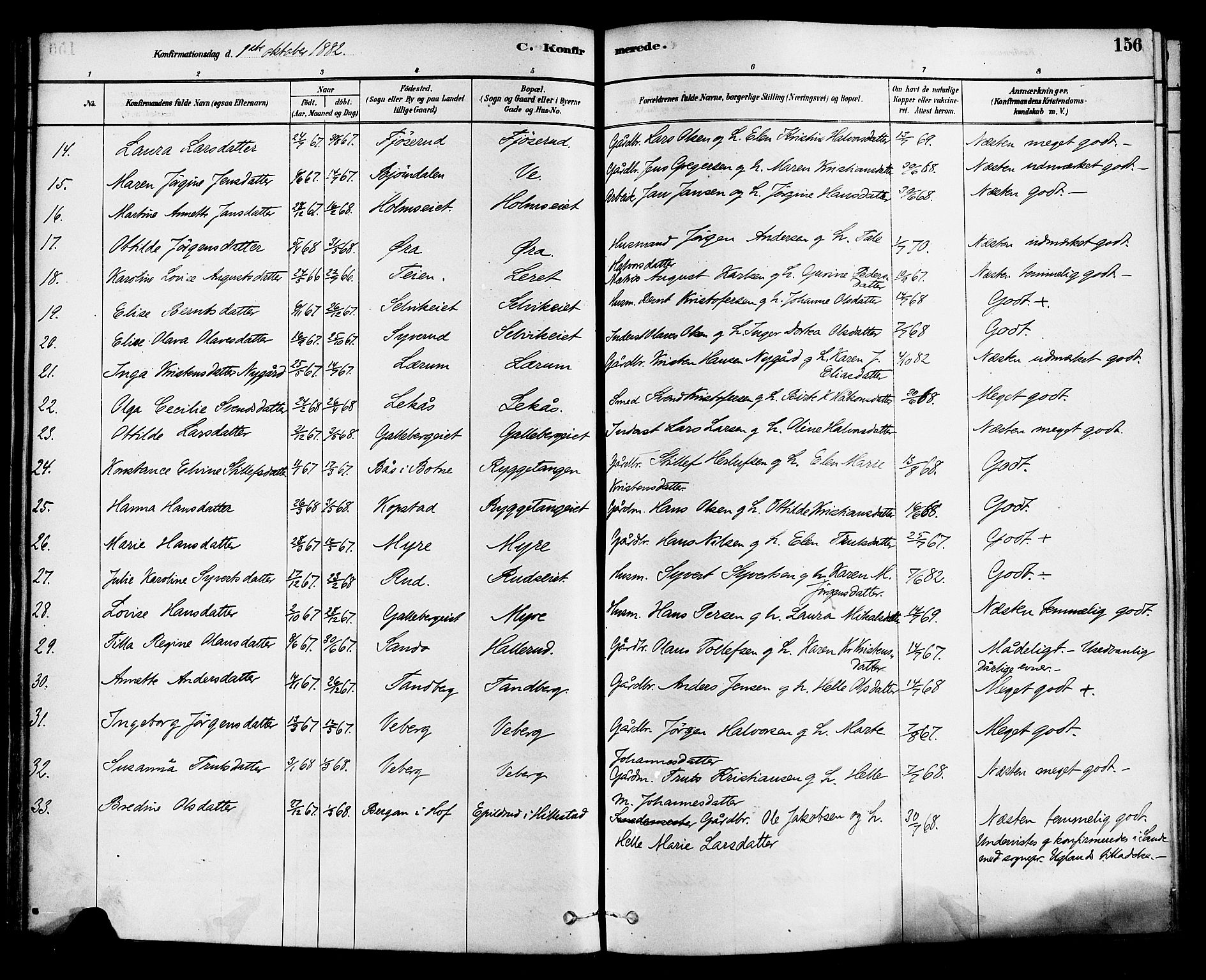 Sande Kirkebøker, AV/SAKO-A-53/F/Fa/L0006: Parish register (official) no. 6, 1878-1888, p. 156