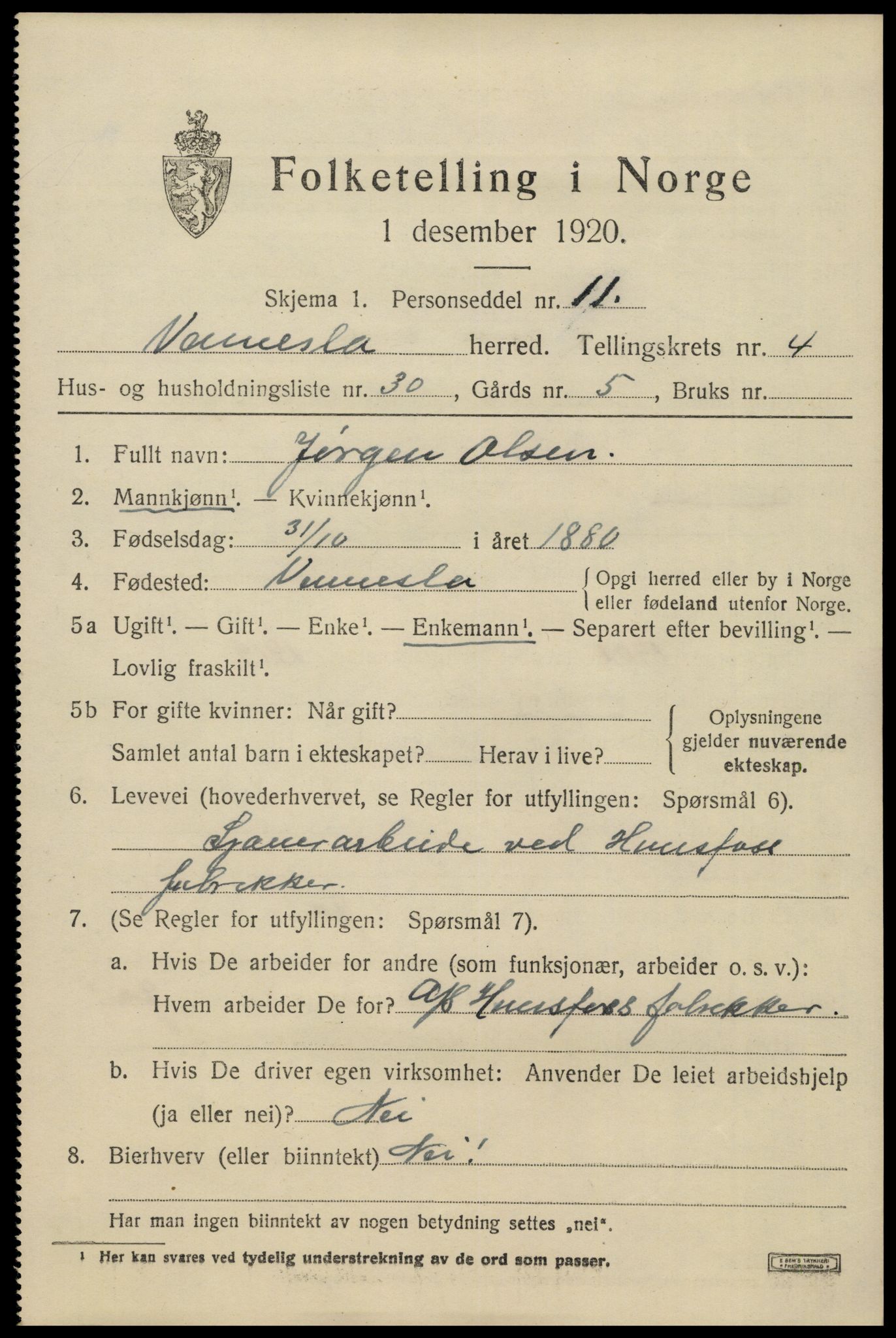 SAK, 1920 census for Vennesla, 1920, p. 3222