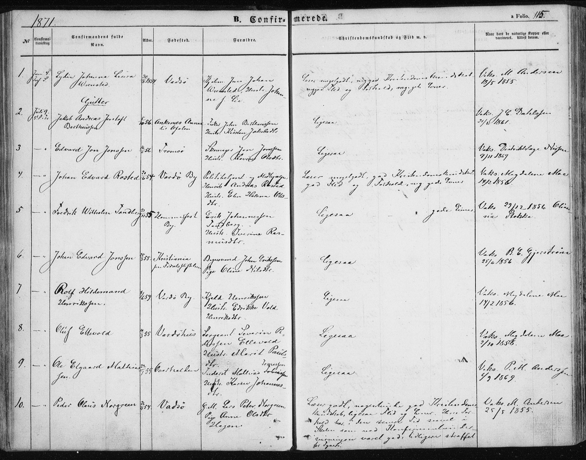 Vardø sokneprestkontor, SATØ/S-1332/H/Ha/L0004kirke: Parish register (official) no. 4, 1862-1871, p. 115