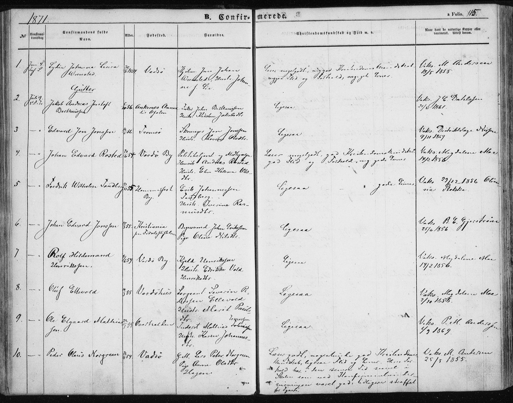 Vardø sokneprestkontor, AV/SATØ-S-1332/H/Ha/L0004kirke: Parish register (official) no. 4, 1862-1871, p. 115