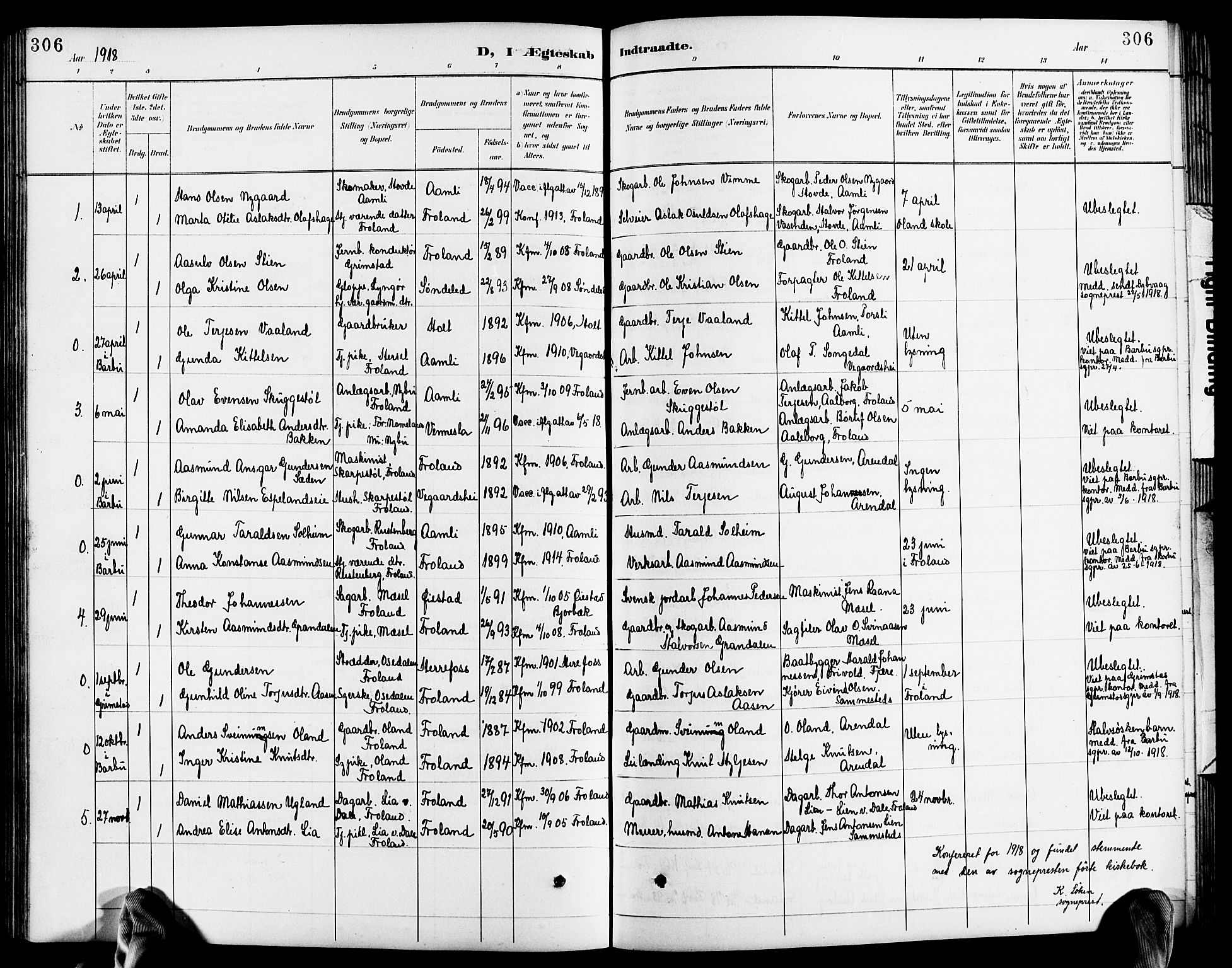 Froland sokneprestkontor, SAK/1111-0013/F/Fb/L0010: Parish register (copy) no. B 10, 1893-1920, p. 306