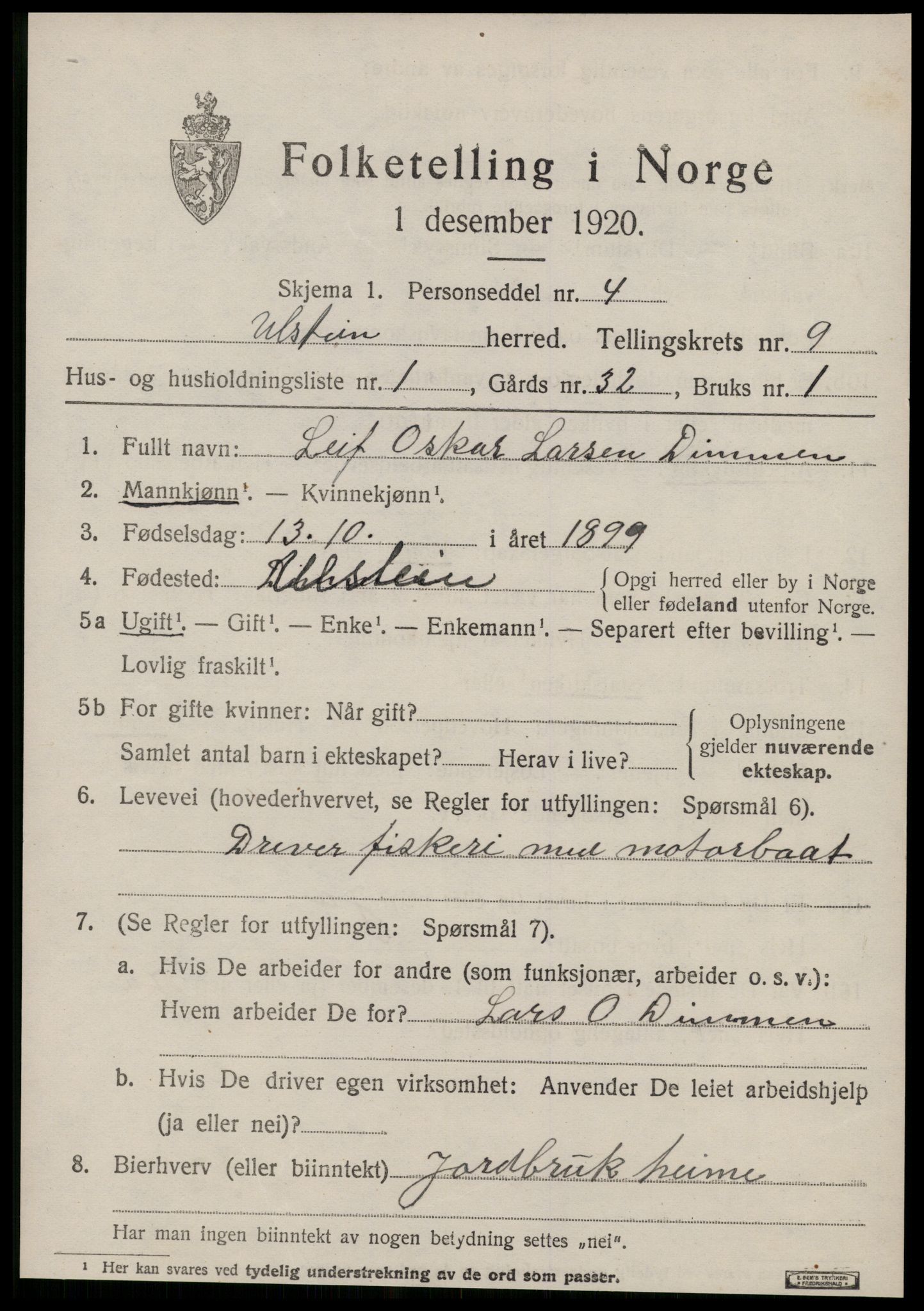 SAT, 1920 census for Ulstein, 1920, p. 4992