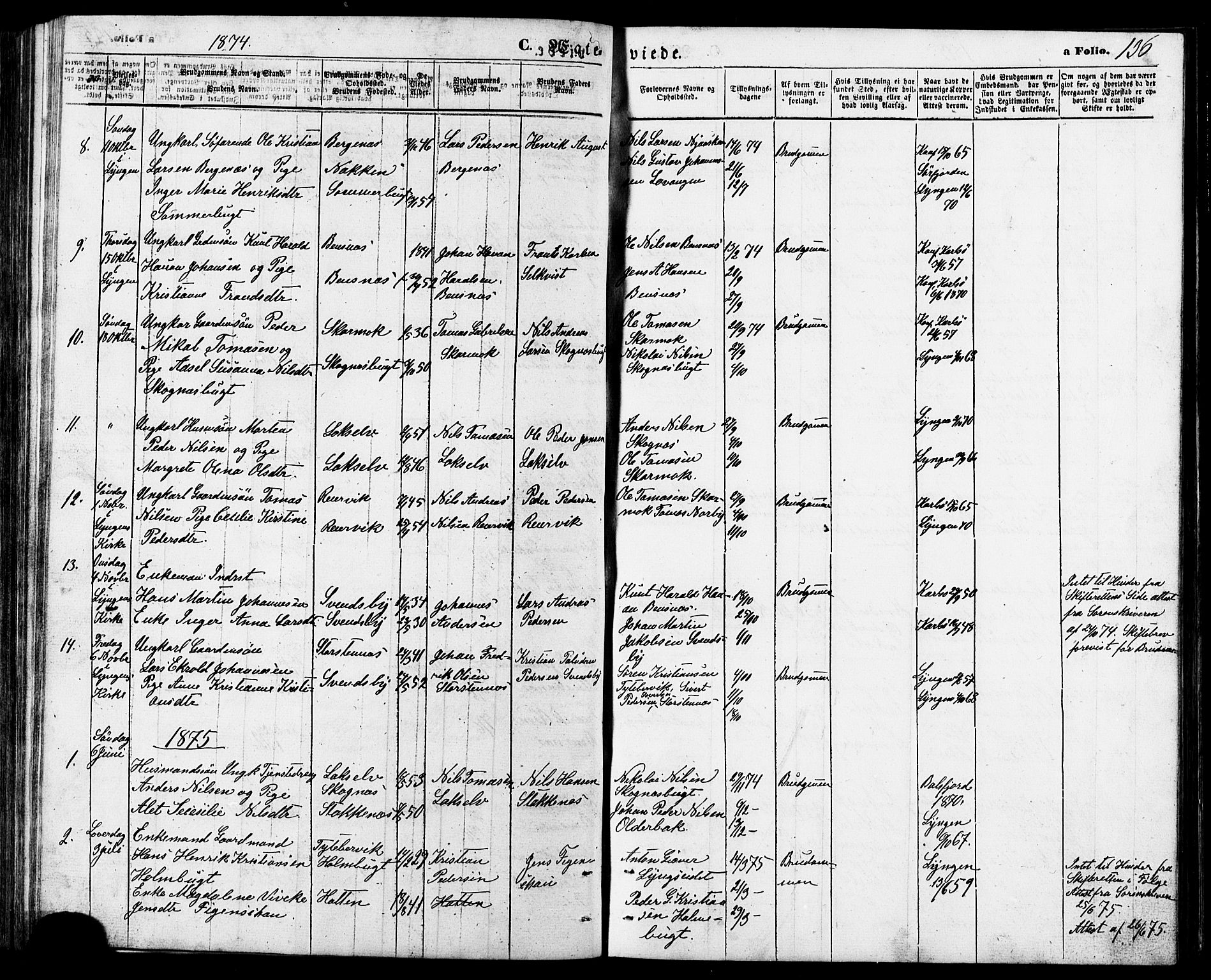 Lyngen sokneprestembete, AV/SATØ-S-1289/H/He/Heb/L0006klokker: Parish register (copy) no. 6, 1864-1881, p. 136