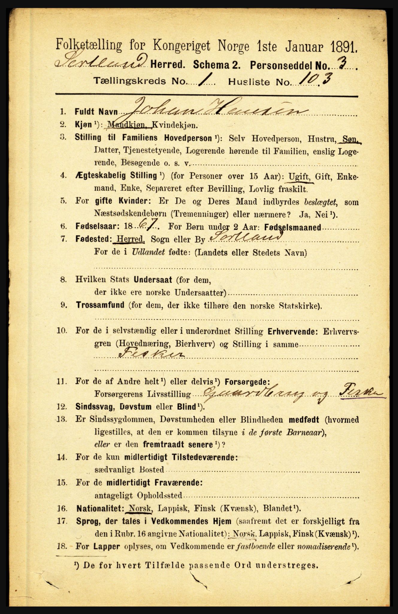 RA, 1891 census for 1870 Sortland, 1891, p. 835