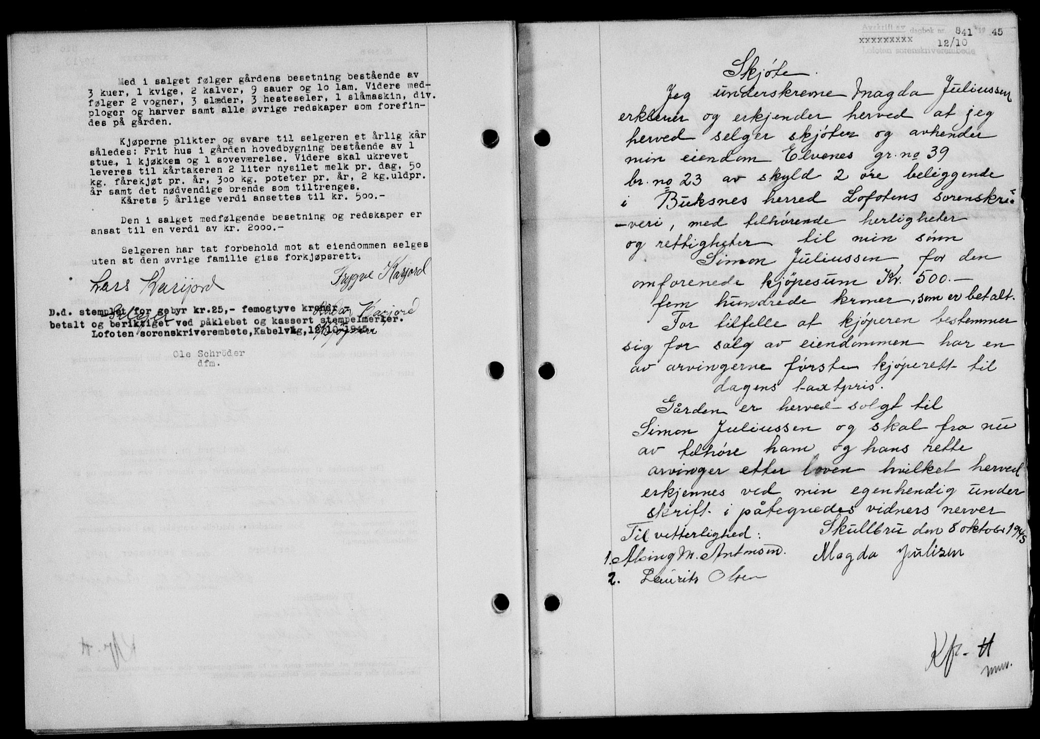 Lofoten sorenskriveri, SAT/A-0017/1/2/2C/L0013a: Mortgage book no. 13a, 1944-1946, Diary no: : 841/1945