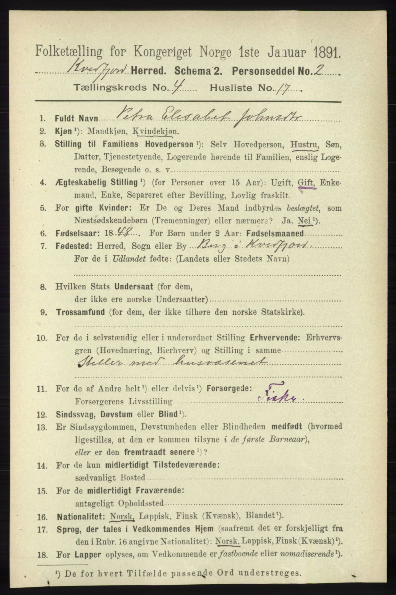 RA, 1891 census for 1911 Kvæfjord, 1891, p. 1994