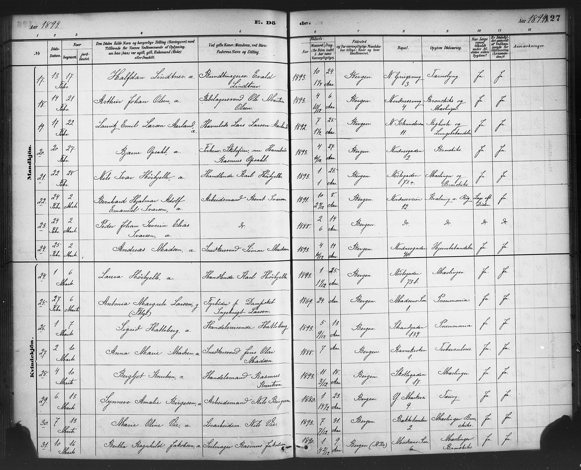 Nykirken Sokneprestembete, SAB/A-77101/H/Haa/L0044: Parish register (official) no. E 4, 1882-1898, p. 127