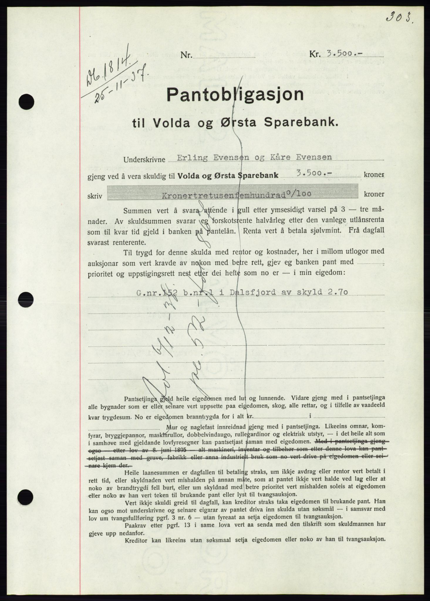 Søre Sunnmøre sorenskriveri, AV/SAT-A-4122/1/2/2C/L0064: Mortgage book no. 58, 1937-1938, Diary no: : 1814/1937