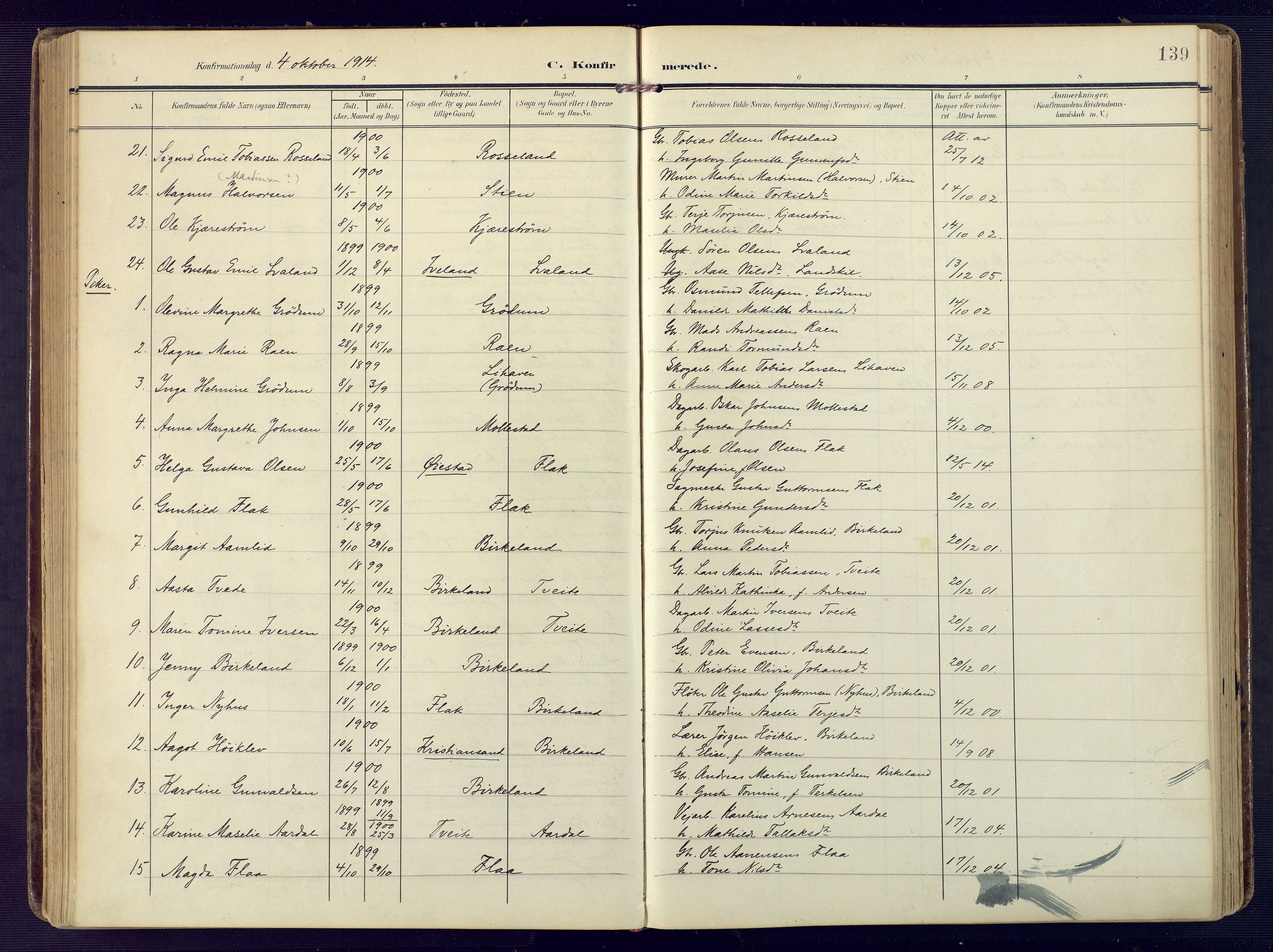 Birkenes sokneprestkontor, AV/SAK-1111-0004/F/Fa/L0006: Parish register (official) no. A 6, 1908-1932, p. 139