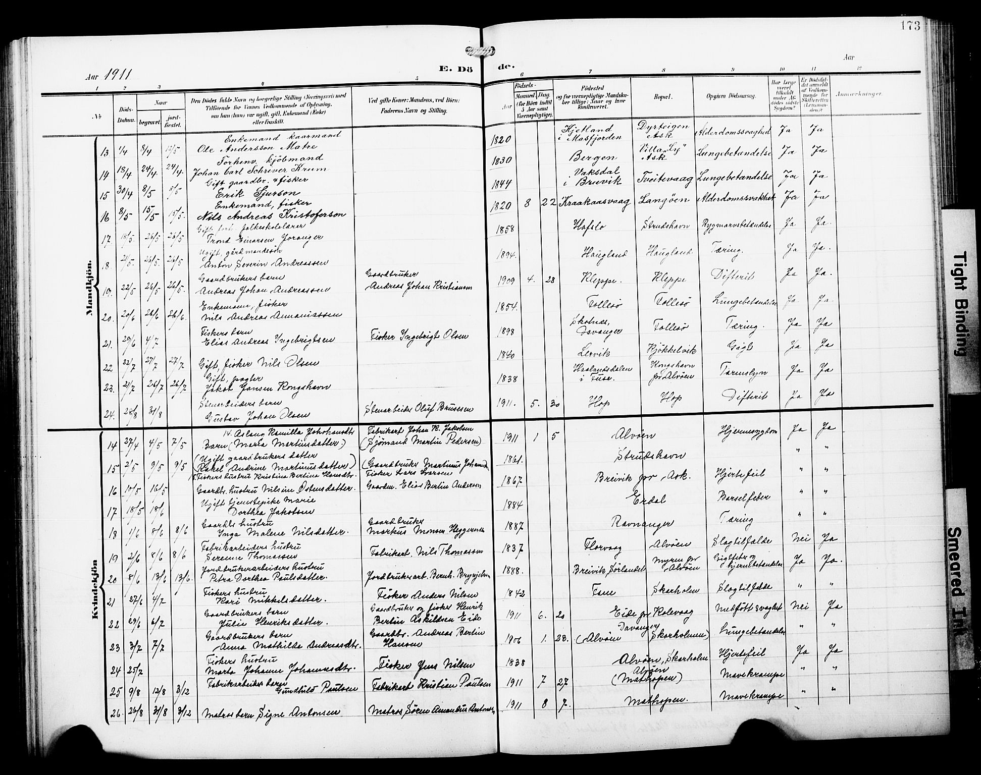 Askøy Sokneprestembete, AV/SAB-A-74101/H/Ha/Hab/Haba/L0014: Parish register (copy) no. A 14, 1904-1927, p. 173