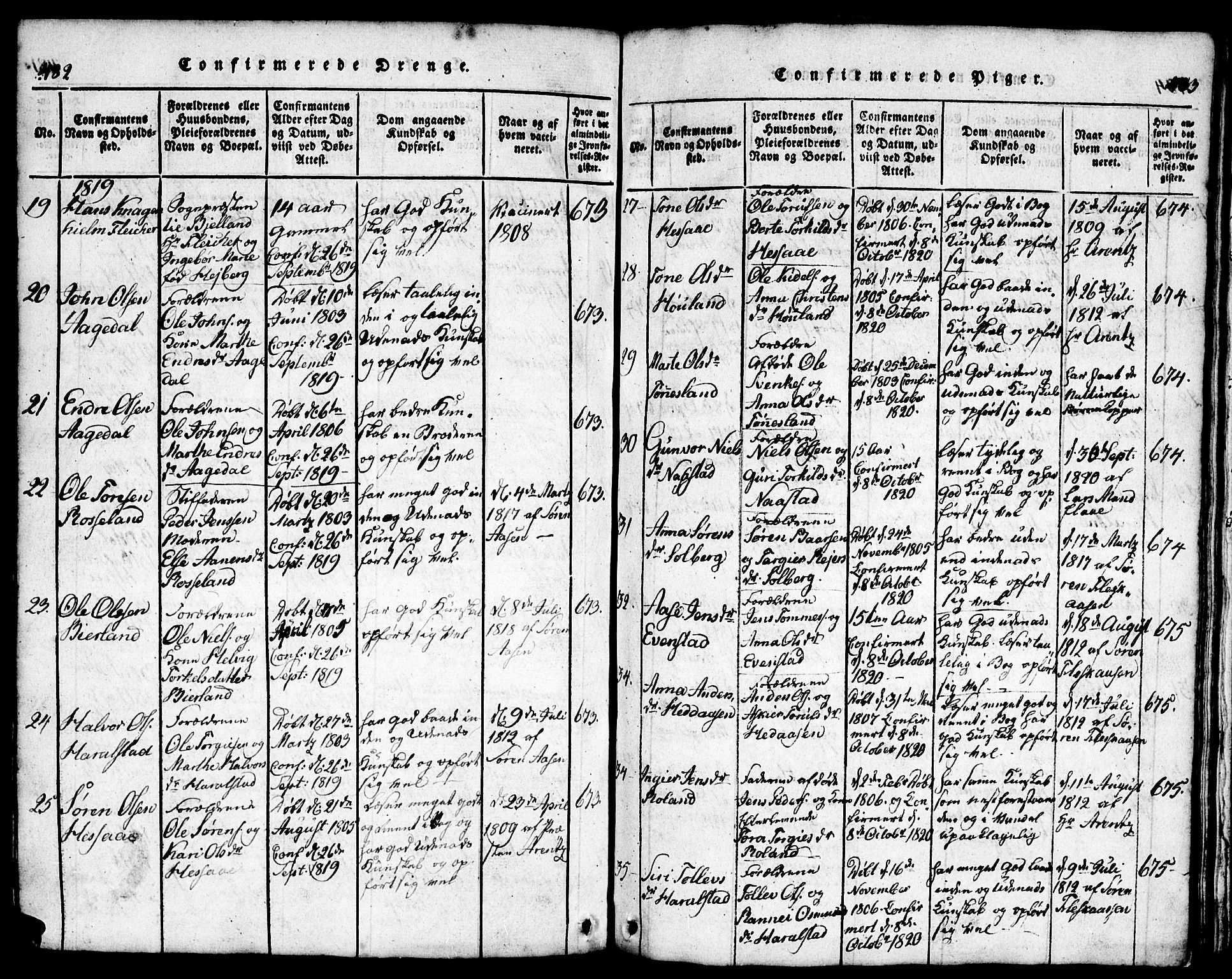 Bjelland sokneprestkontor, SAK/1111-0005/F/Fb/Fba/L0003: Parish register (copy) no. B 3, 1816-1870, p. 482-483