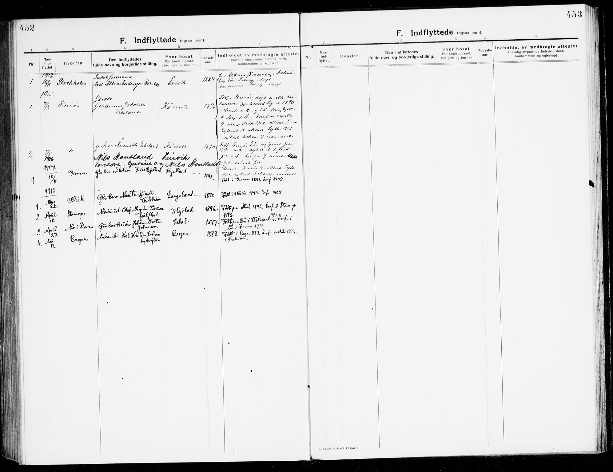 Stord sokneprestembete, SAB/A-78201/H/Haa: Parish register (official) no. B 3, 1913-1925, p. 452-453