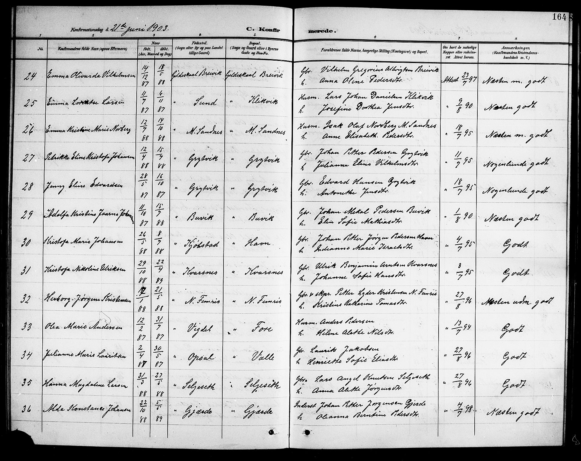 Ministerialprotokoller, klokkerbøker og fødselsregistre - Nordland, AV/SAT-A-1459/805/L0109: Parish register (copy) no. 805C05, 1900-1911, p. 164