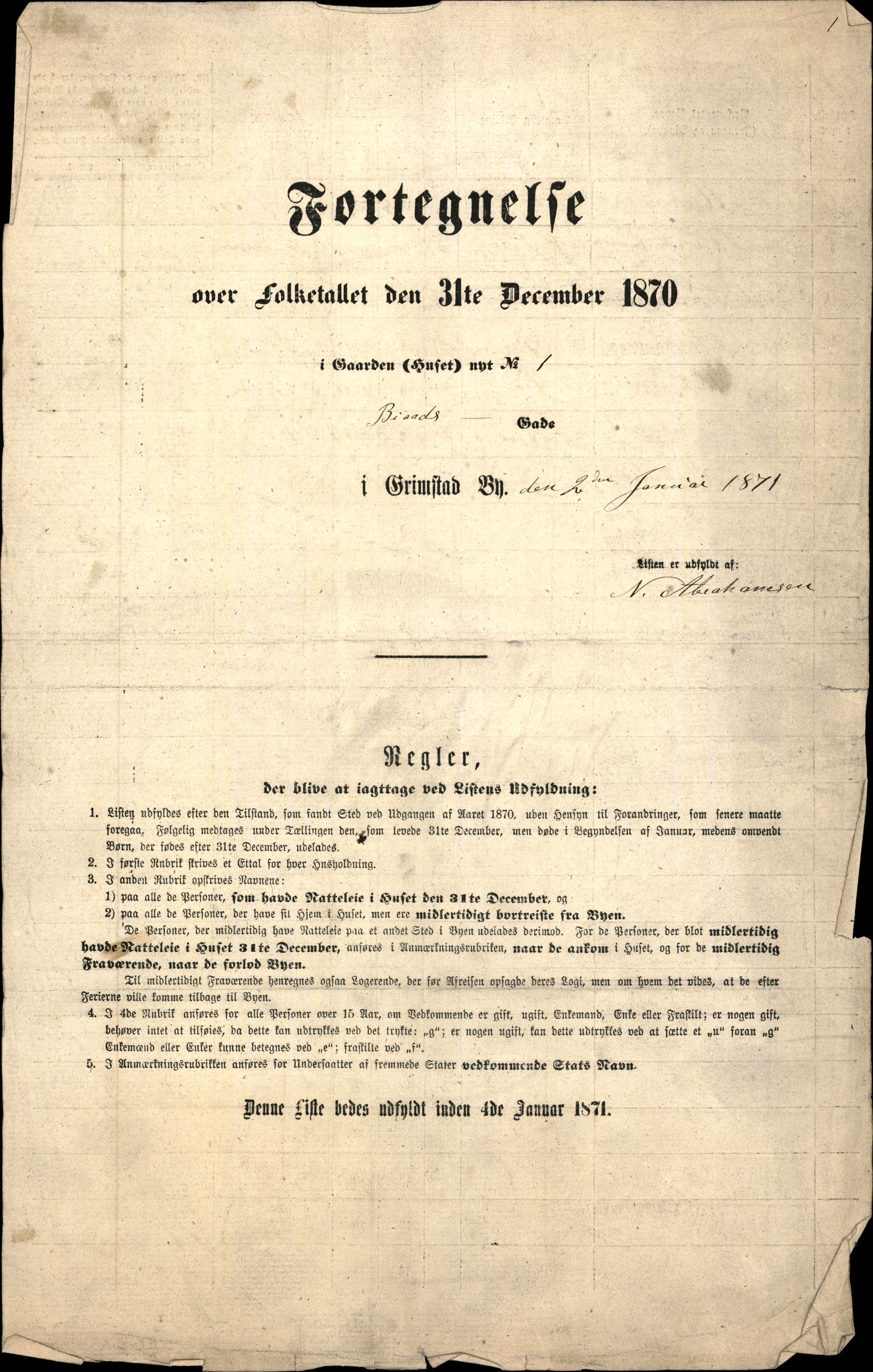 RA, 1870 census for 0904 Grimstad, 1870, p. 2