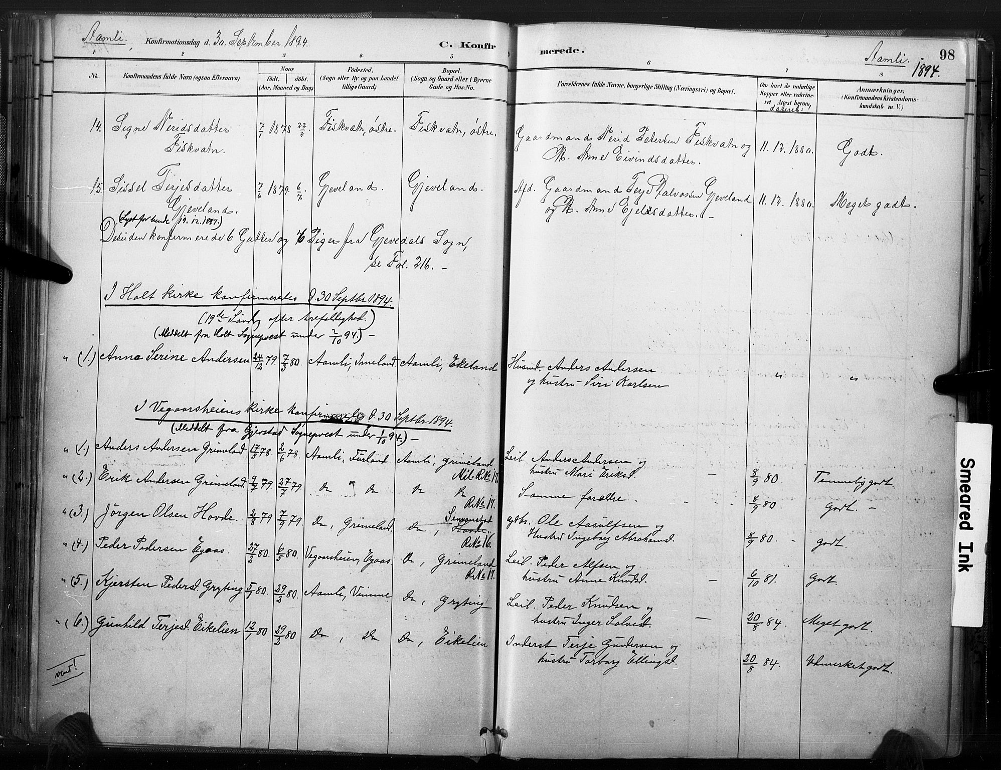 Åmli sokneprestkontor, SAK/1111-0050/F/Fa/Fac/L0010: Parish register (official) no. A 10 /1, 1885-1899, p. 98