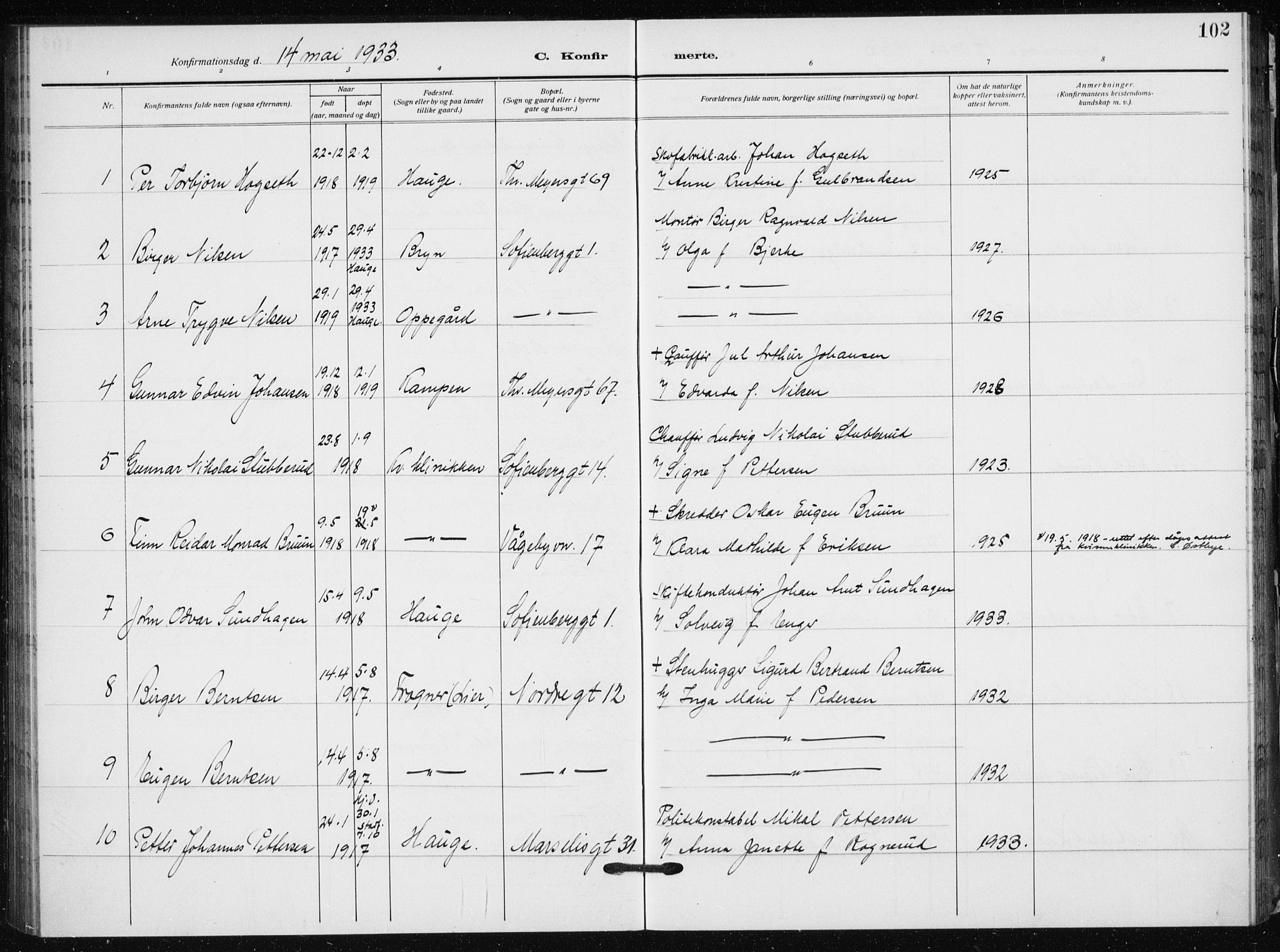 Hauge prestekontor Kirkebøker, AV/SAO-A-10849/F/Fa/L0002: Parish register (official) no. 2, 1917-1938, p. 102