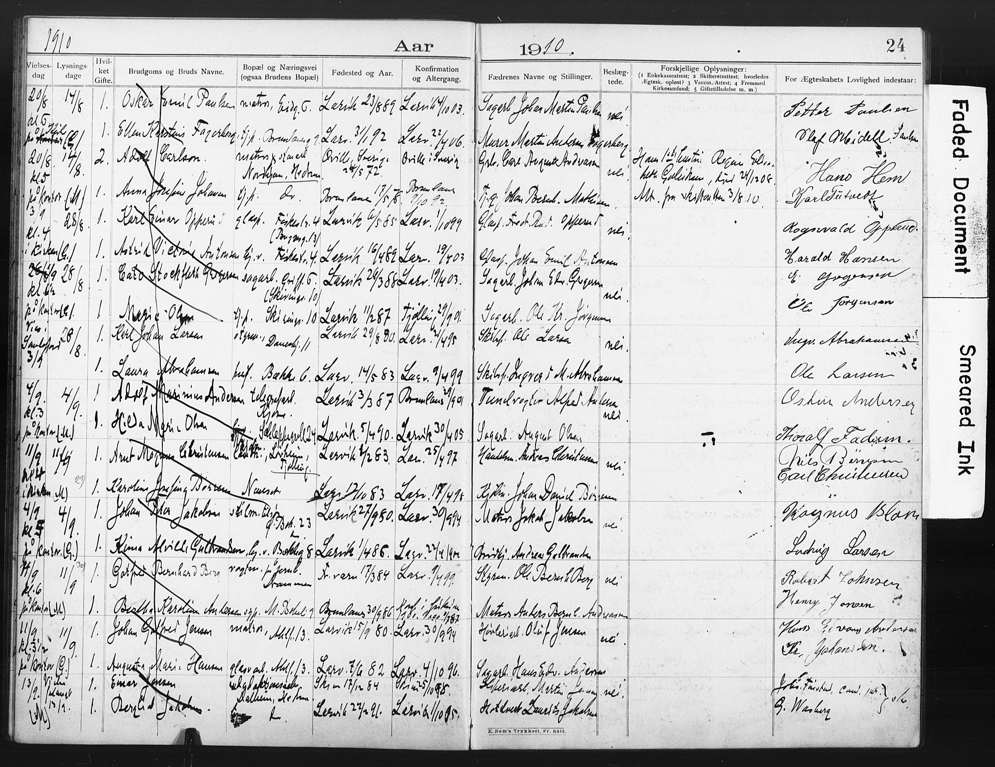 Larvik kirkebøker, AV/SAKO-A-352/H/Ha/L0003: Banns register no. 3, 1907-1918, p. 24